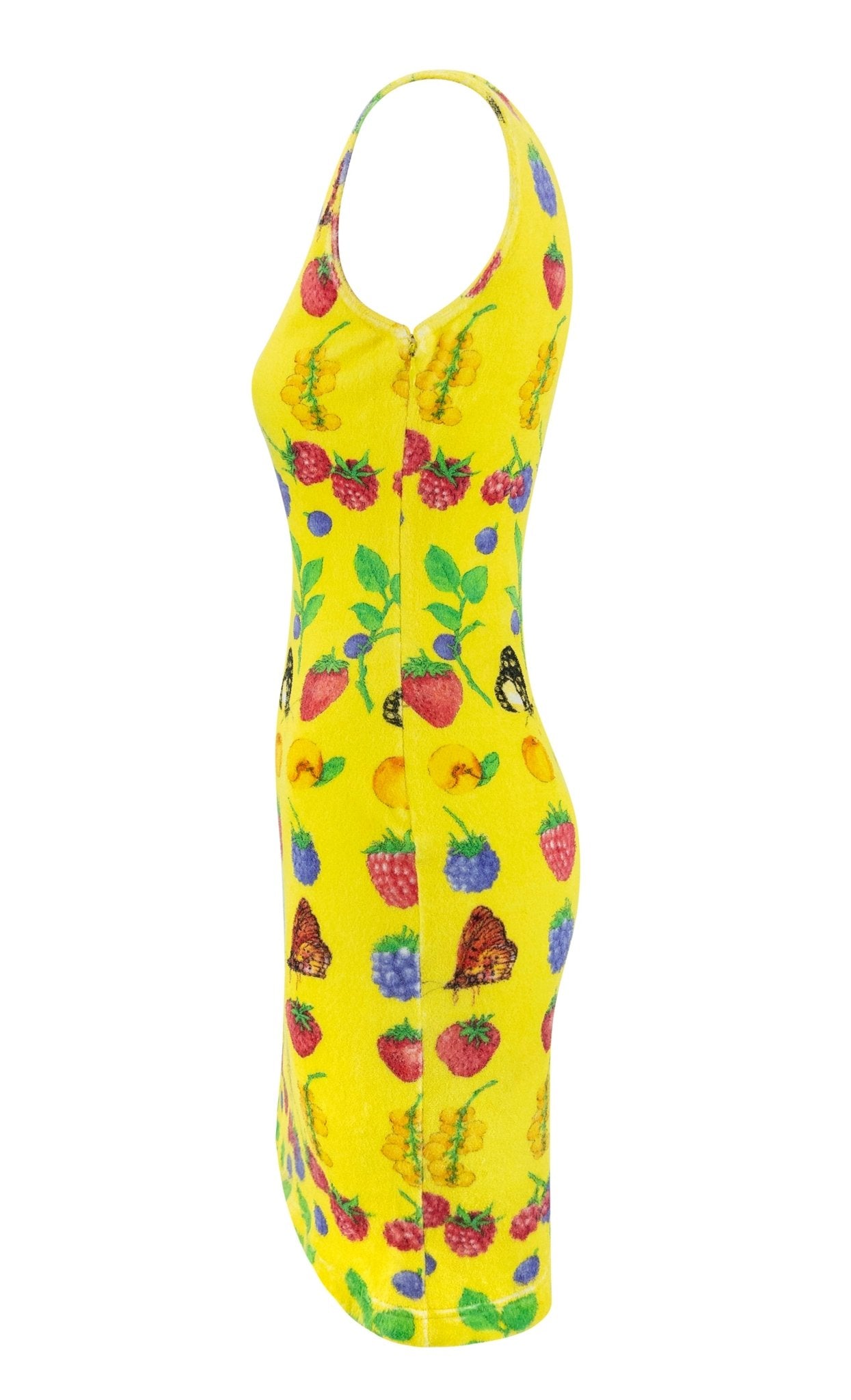 S/S 1995 Gianni Versace Yellow Stretch Terrycloth Garden Berry Print Dress - RealList