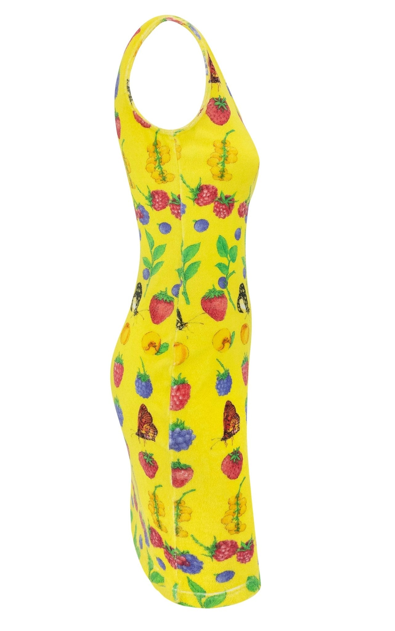 S/S 1995 Gianni Versace Yellow Stretch Terrycloth Garden Berry Print Dress - RealList