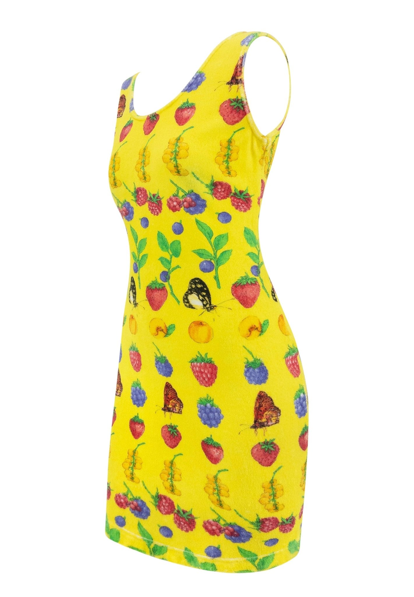 S/S 1995 Gianni Versace Yellow Stretch Terrycloth Garden Berry Print Dress - RealList