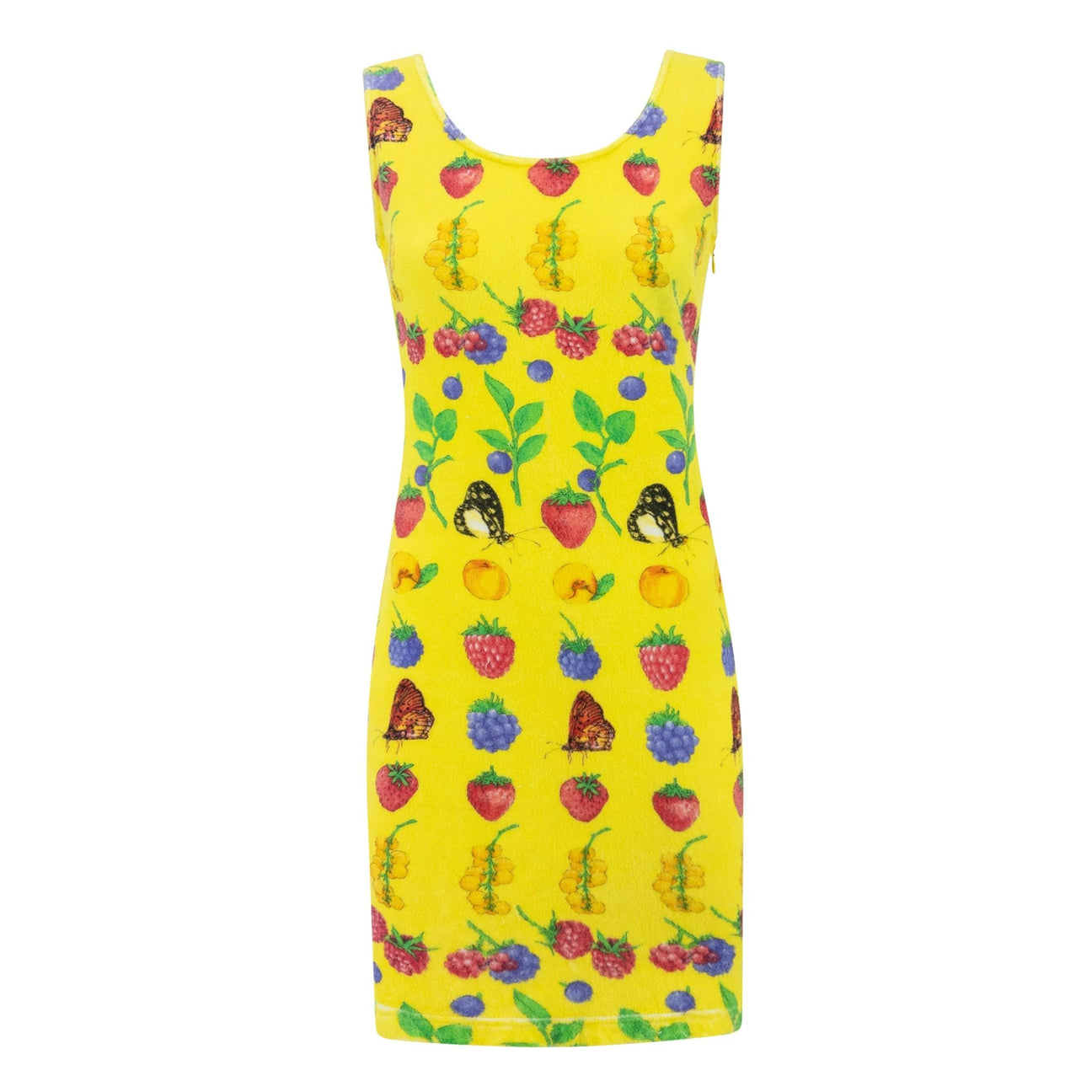 S/S 1995 Gianni Versace Yellow Stretch Terrycloth Garden Berry Print Dress - RealList