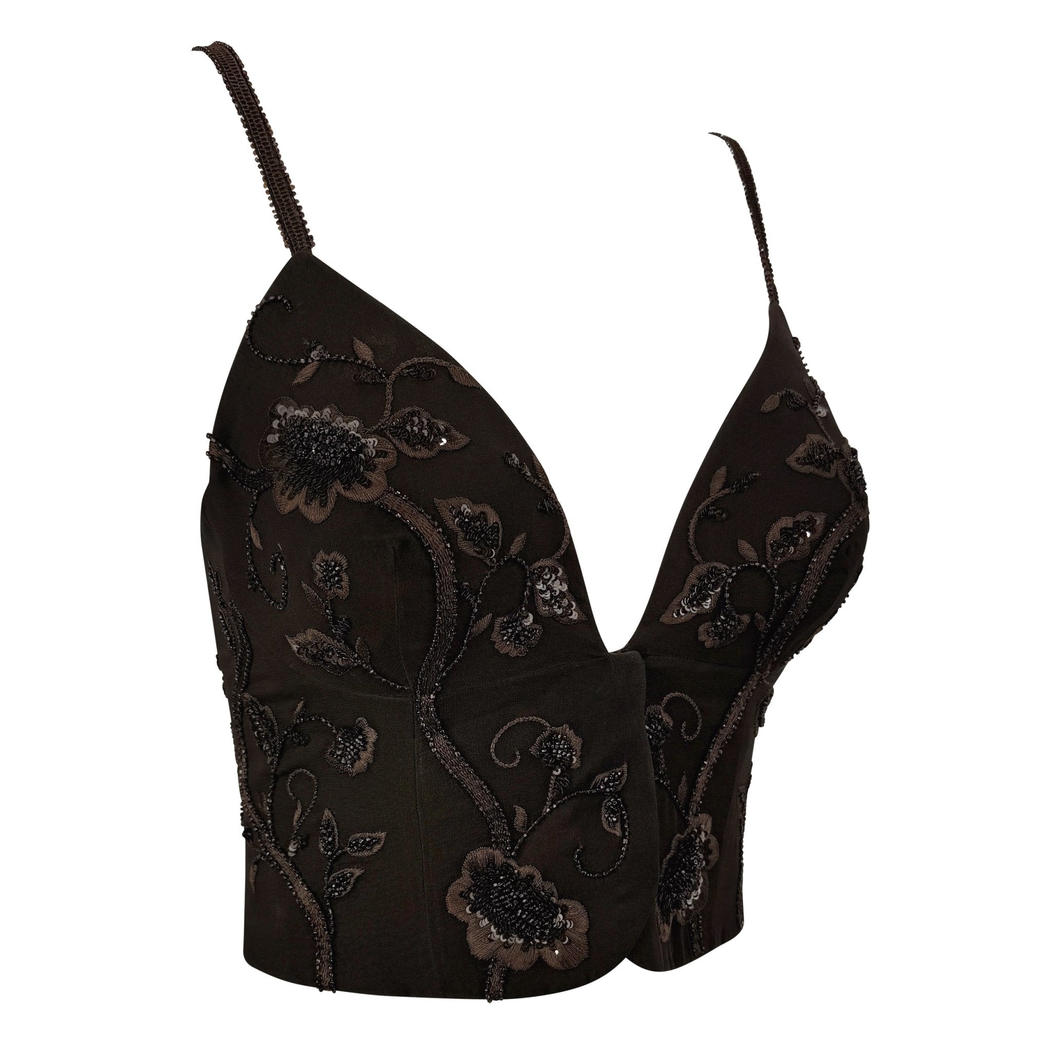 S/S 1995 Giorgio Armani Runway Floral Beaded Brown Silk Bustier Top - RealList