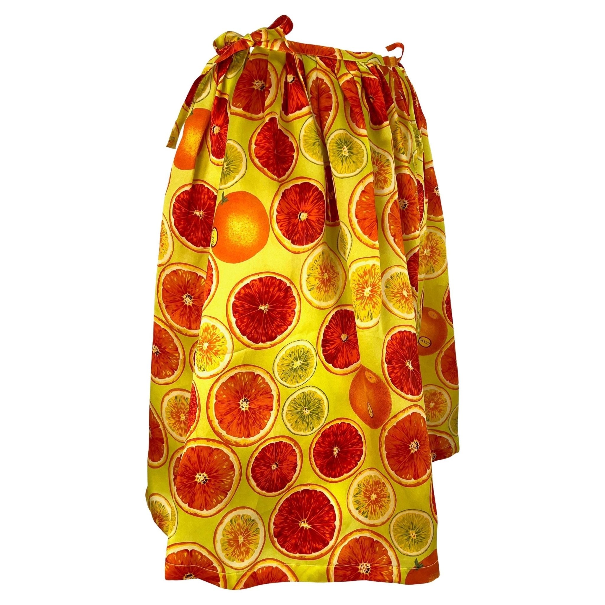 S/S 1995 Gucci by Tom Ford 1st Runway Citrus Fruit Print Silk Balloon Tie Skirt - RealList