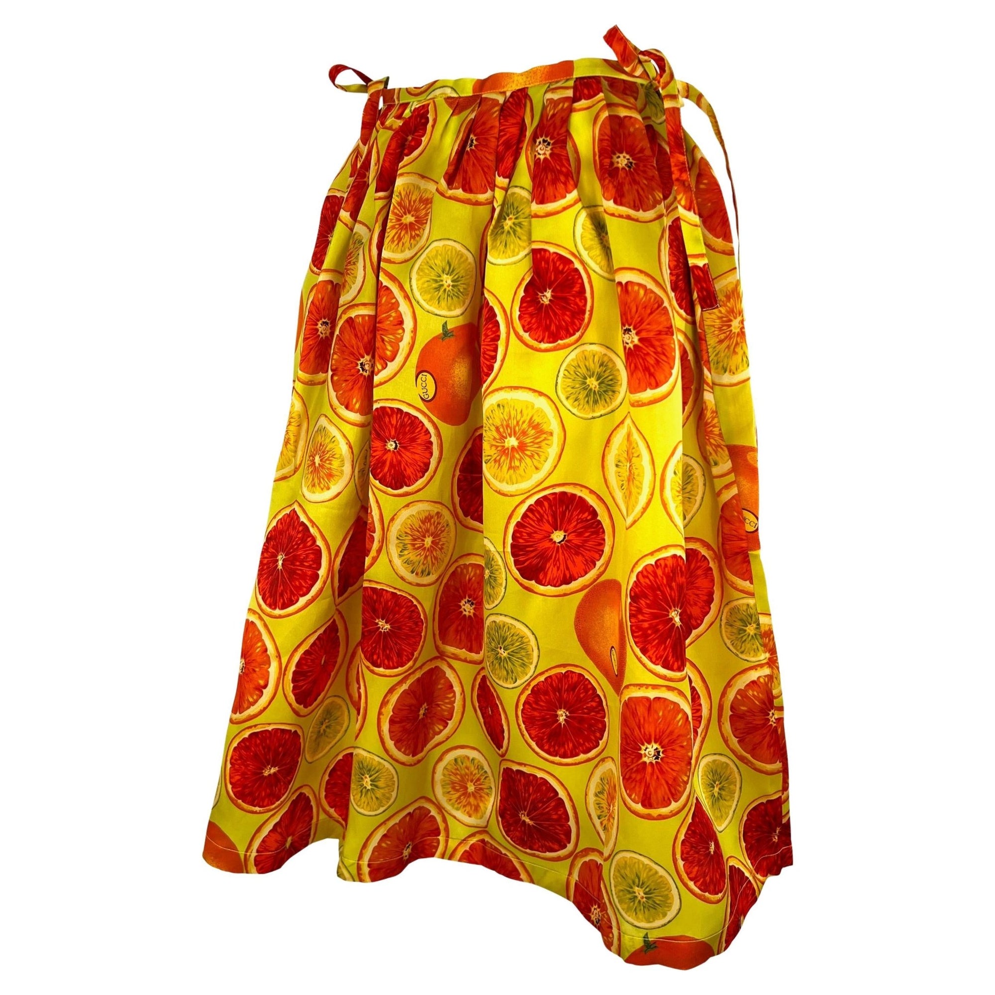 S/S 1995 Gucci by Tom Ford 1st Runway Citrus Fruit Print Silk Balloon Tie Skirt - RealList