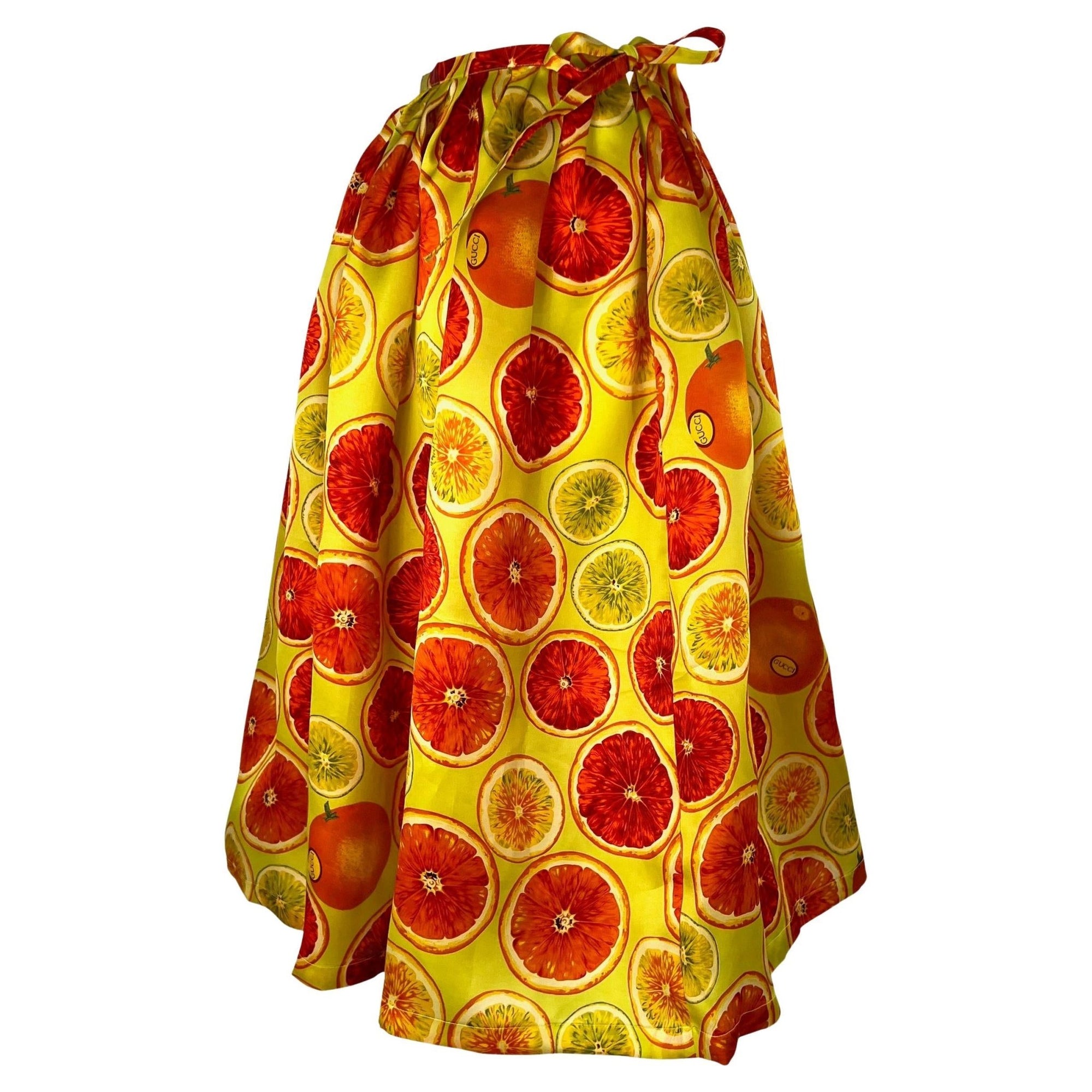 S/S 1995 Gucci by Tom Ford 1st Runway Citrus Fruit Print Silk Balloon Tie Skirt - RealList