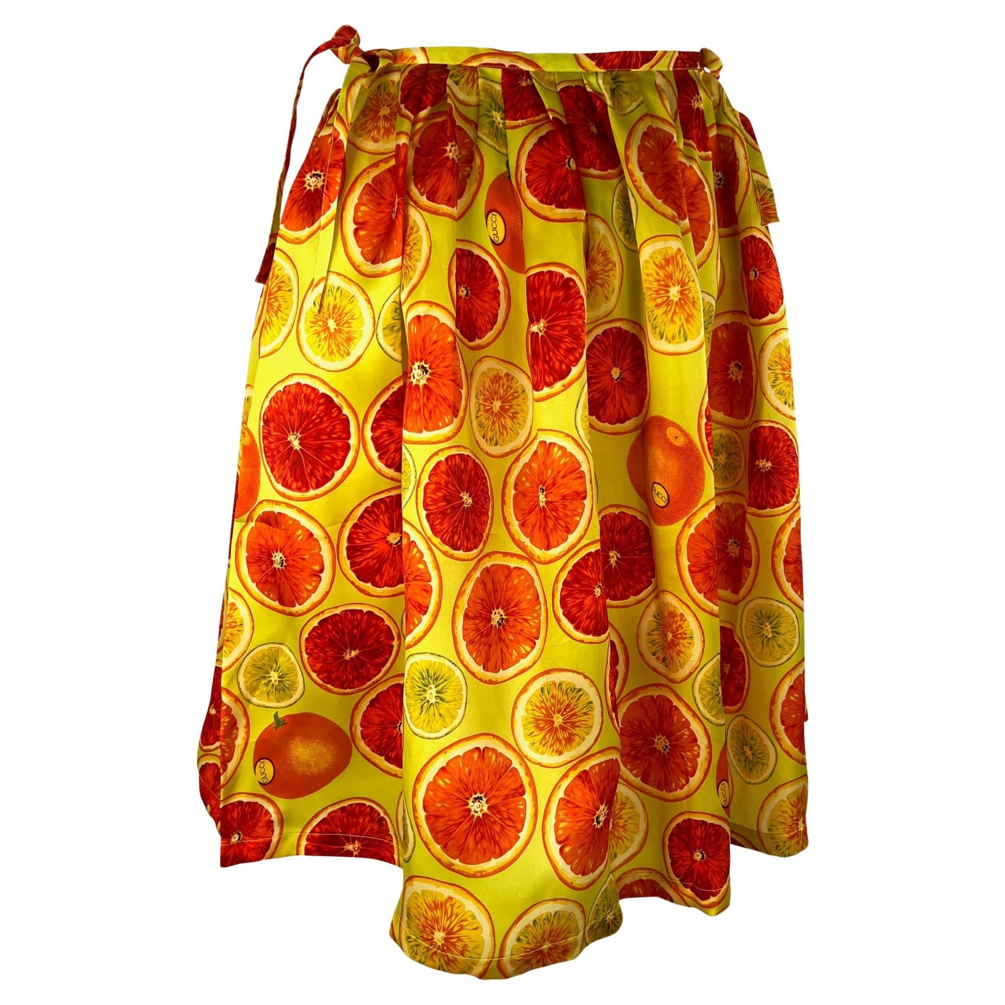 S/S 1995 Gucci by Tom Ford 1st Runway Citrus Fruit Print Silk Balloon Tie Skirt - RealList
