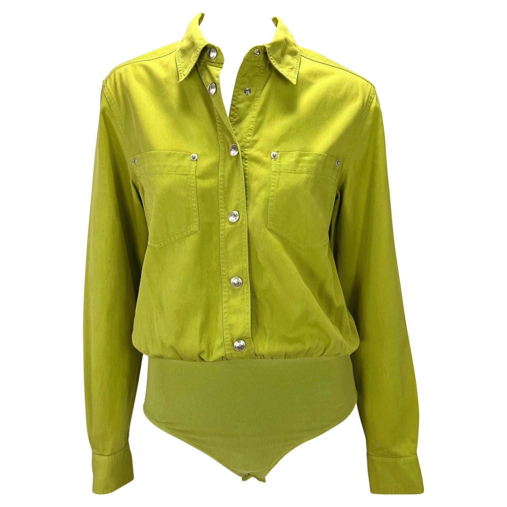 S/S 1995 Gucci by Tom Ford GG Snap Avocado Green Cotton Twill Leotard Shirt - RealList
