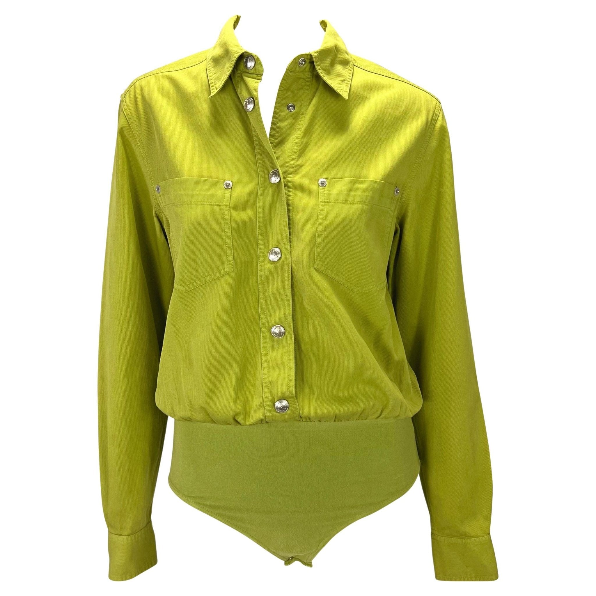 S/S 1995 Gucci by Tom Ford GG Snap Avocado Green Cotton Twill Leotard Shirt - RealList