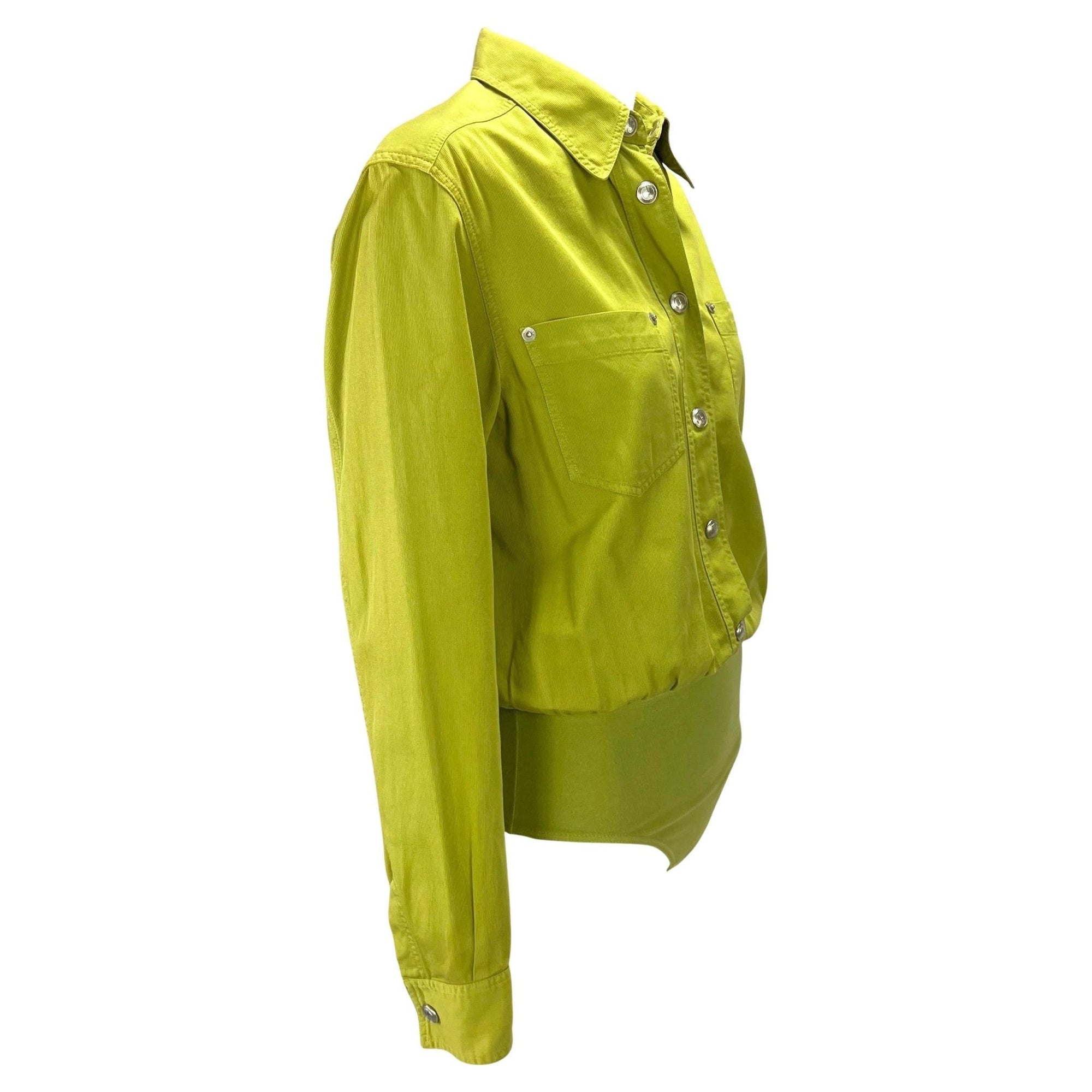S/S 1995 Gucci by Tom Ford GG Snap Avocado Green Cotton Twill Leotard Shirt - RealList
