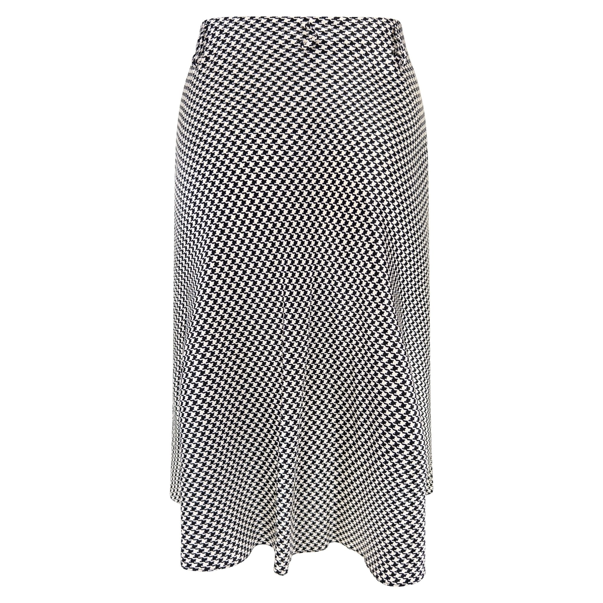 S/S 1995 Ralph Lauren Collection Black White Silk Satin Houndstooth Flared Skirt - RealList