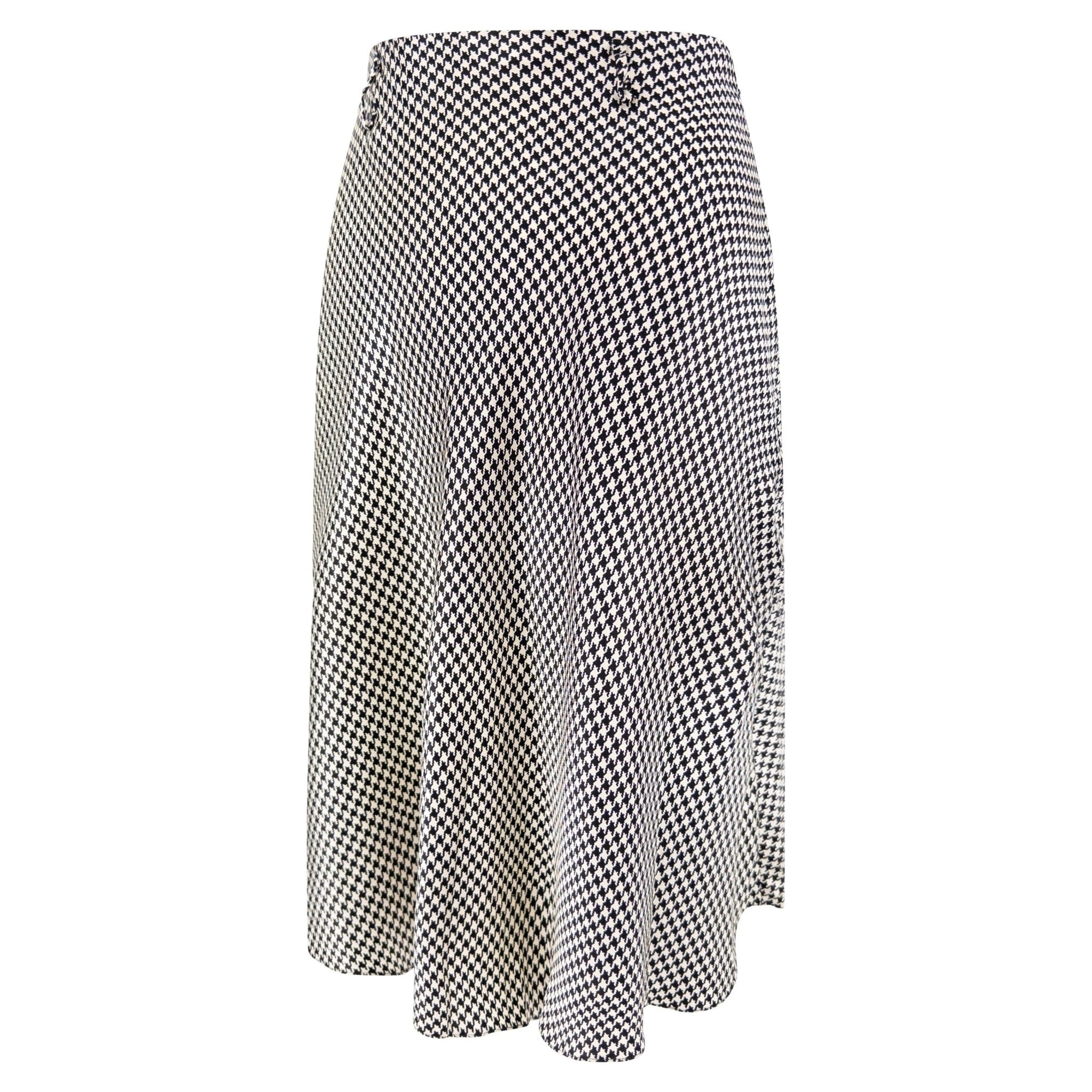 S/S 1995 Ralph Lauren Collection Black White Silk Satin Houndstooth Flared Skirt - RealList