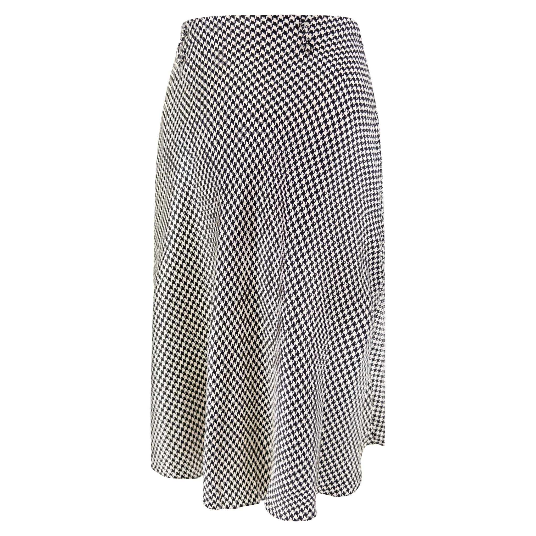 S/S 1995 Ralph Lauren Collection Black White Silk Satin Houndstooth Flared Skirt - RealList