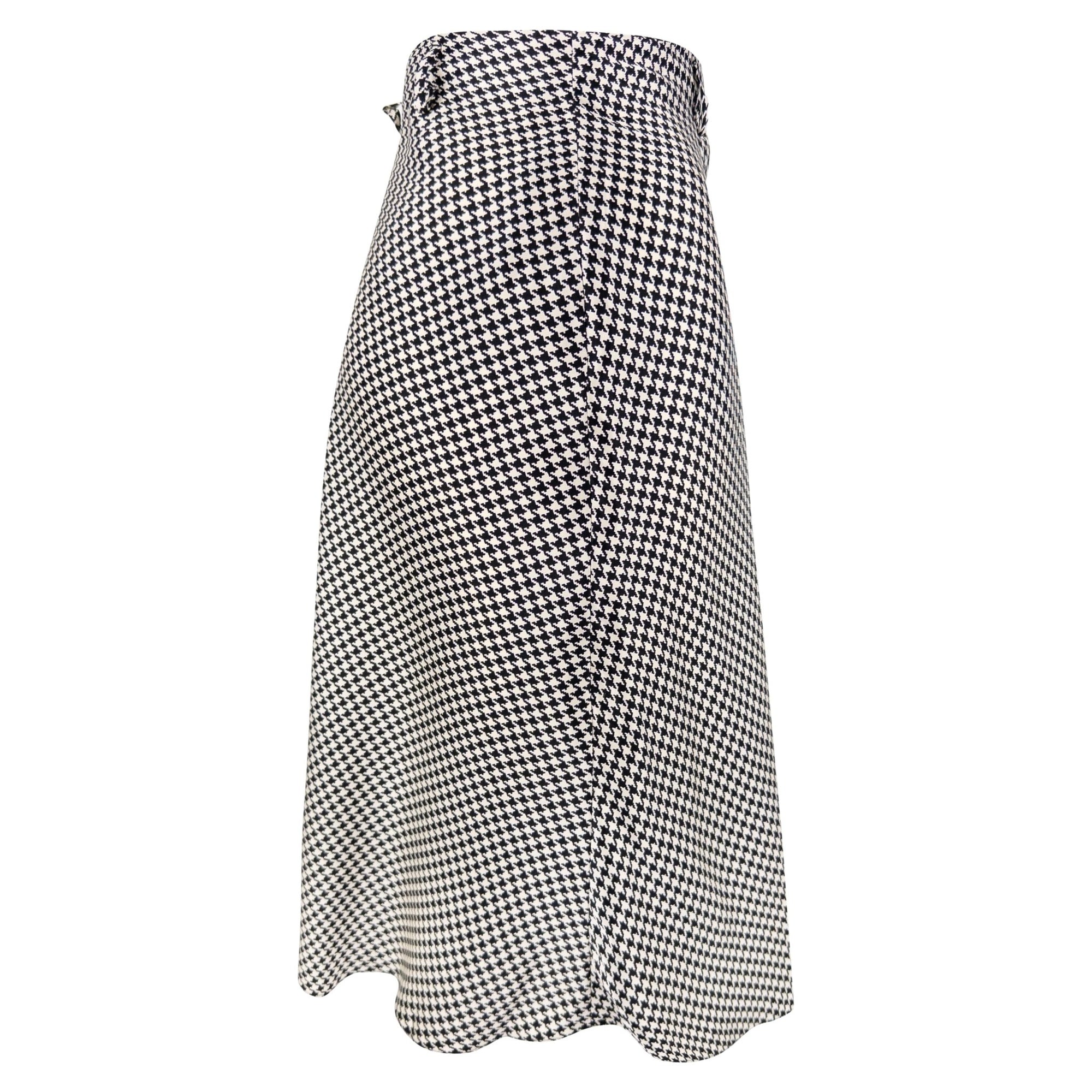 S/S 1995 Ralph Lauren Collection Black White Silk Satin Houndstooth Flared Skirt - RealList