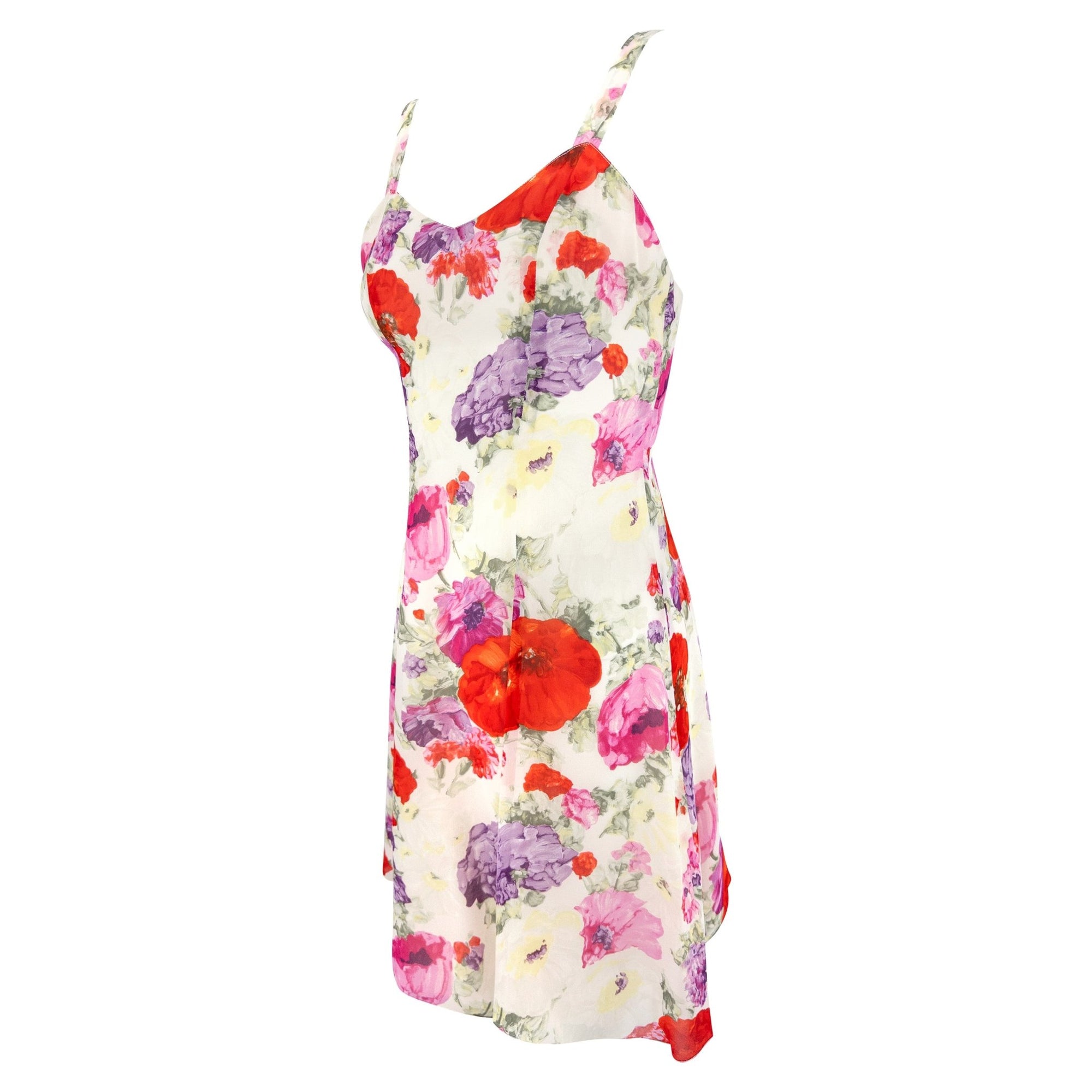S/S 1995 Ralph Lauren Collection Runway White Silk Chiffon Floral Print Mini Dress - RealList