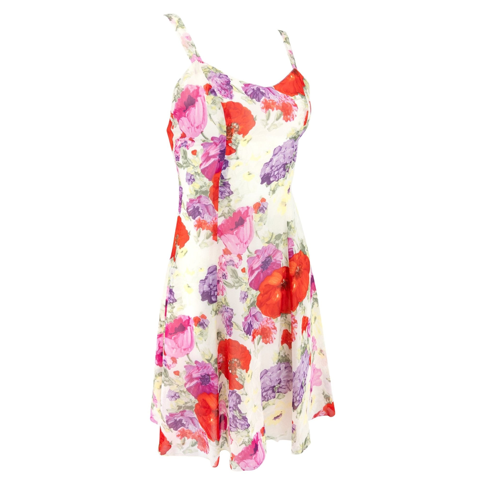 S/S 1995 Ralph Lauren Collection Runway White Silk Chiffon Floral Print Mini Dress - RealList