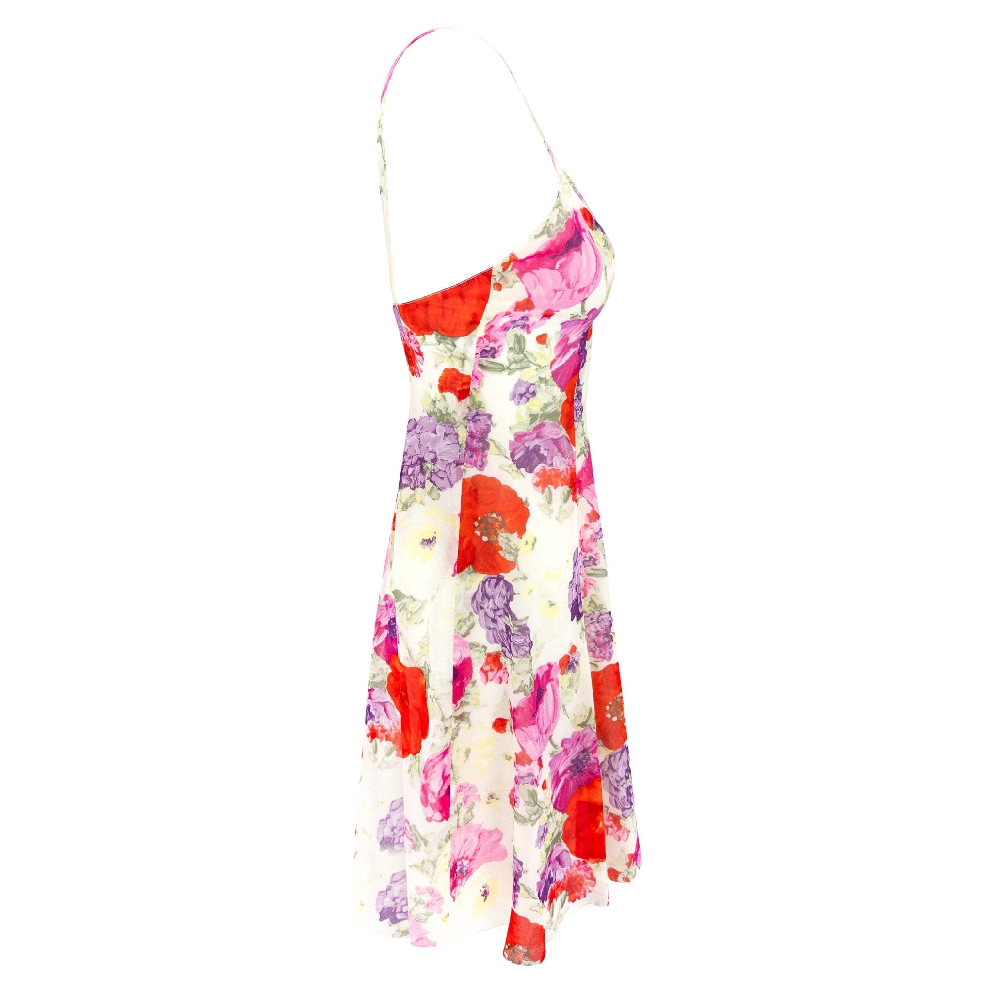 S/S 1995 Ralph Lauren Collection Runway White Silk Chiffon Floral Print Mini Dress - RealList