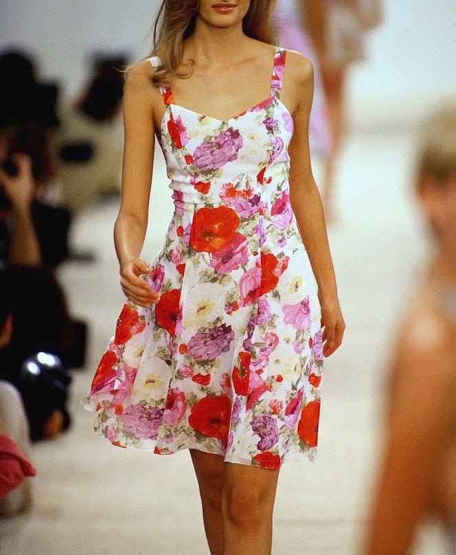 S/S 1995 Ralph Lauren Collection Runway White Silk Chiffon Floral Print Mini Dress - RealList