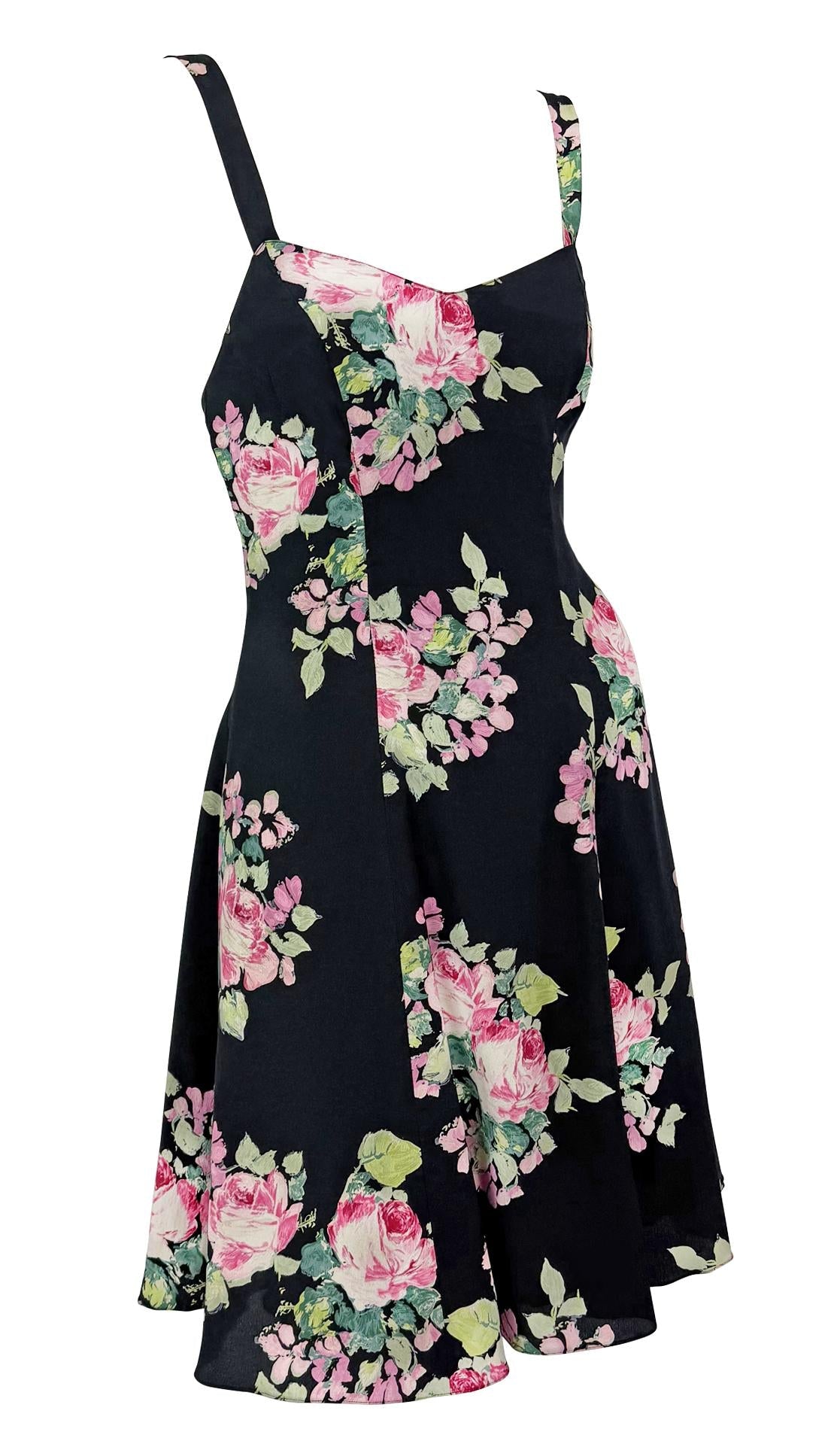 S/S 1995 Ralph Lauren Kate Moss Runway Black Silk Pink Floral Flared Dress - RealList