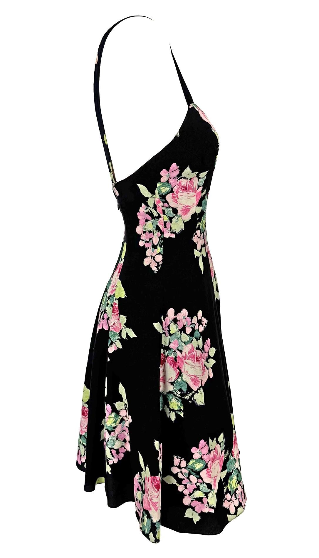 S/S 1995 Ralph Lauren Kate Moss Runway Black Silk Pink Floral Flared Dress - RealList