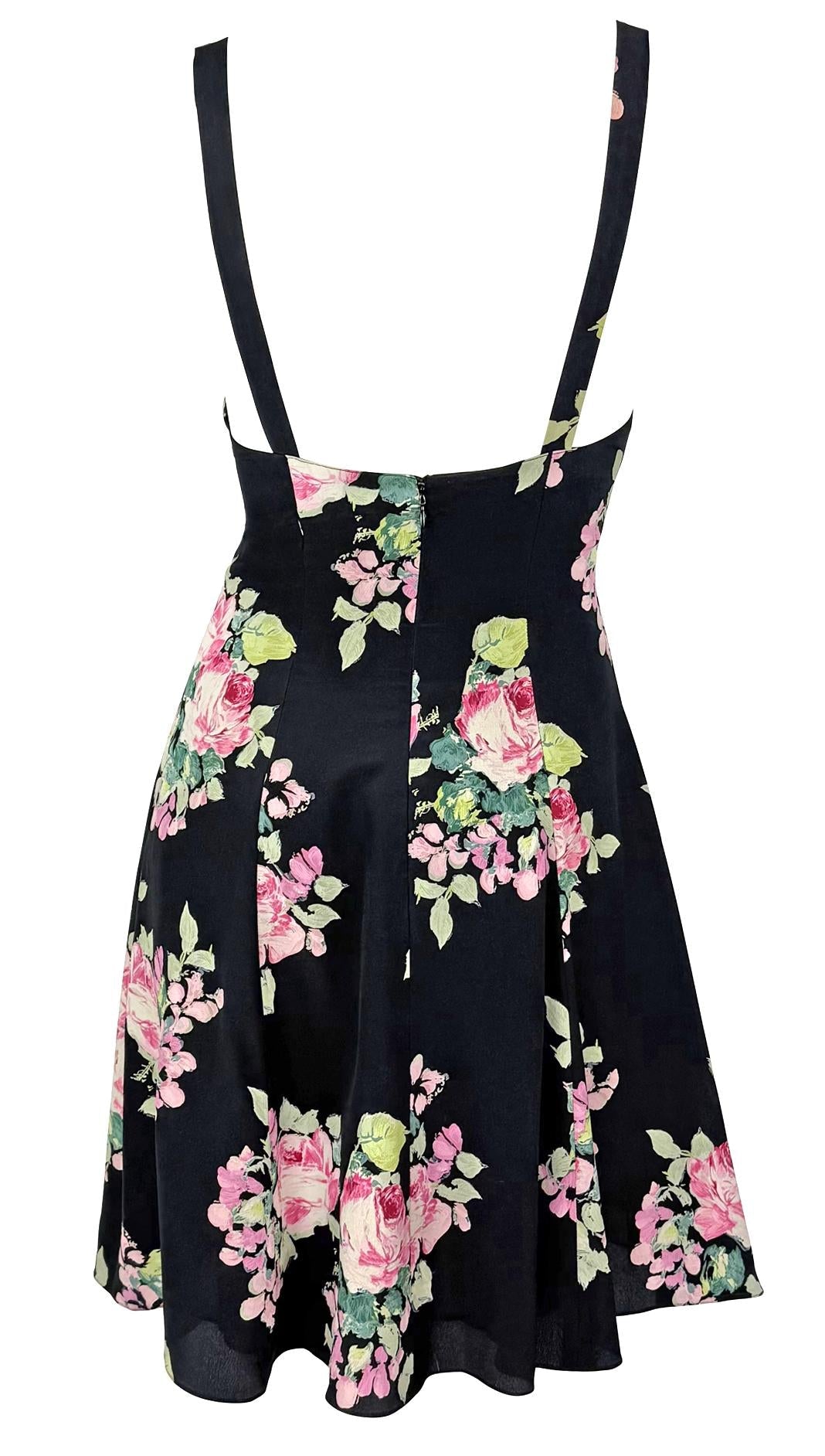 S/S 1995 Ralph Lauren Kate Moss Runway Black Silk Pink Floral Flared Dress - RealList