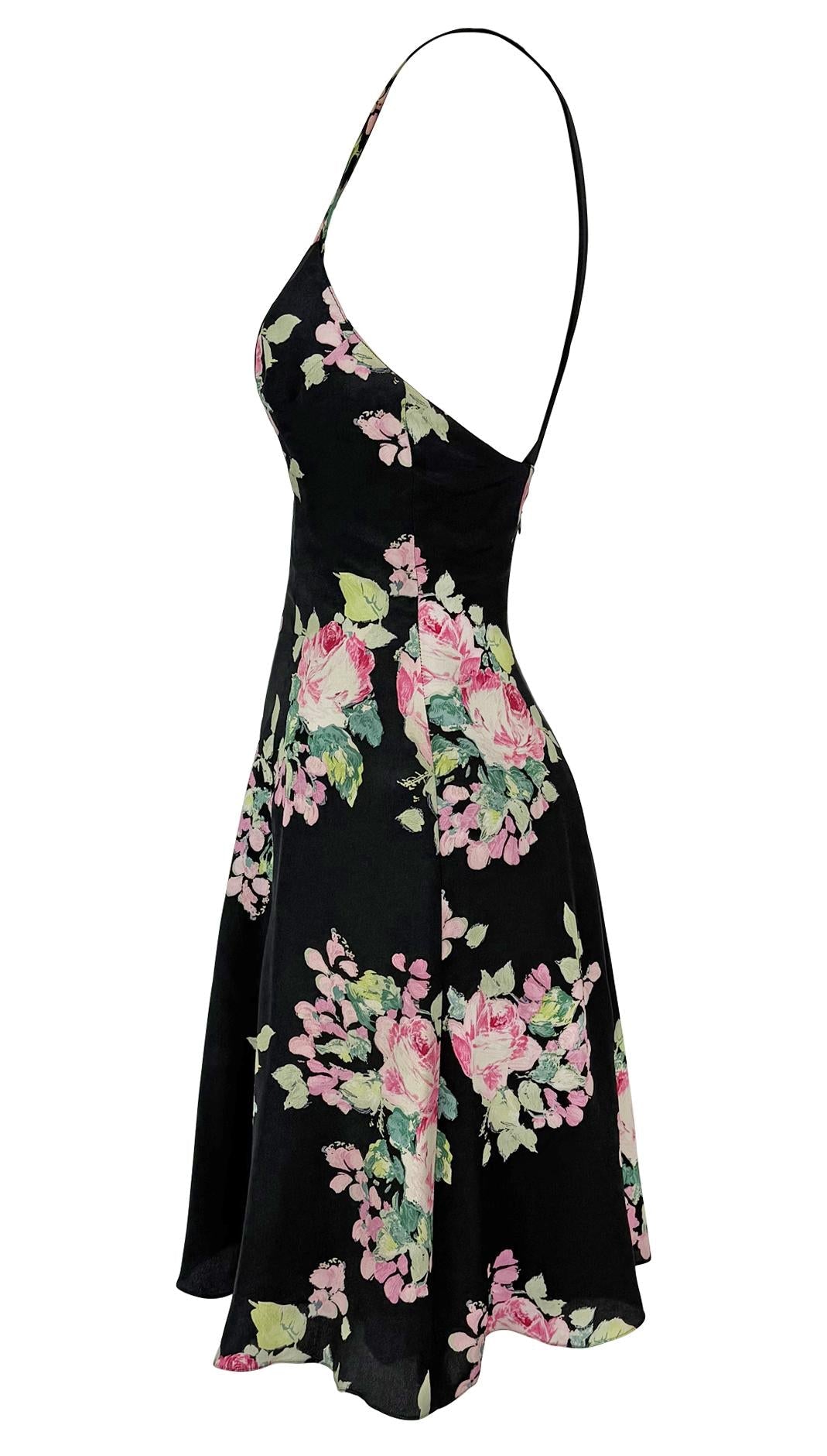 S/S 1995 Ralph Lauren Kate Moss Runway Black Silk Pink Floral Flared Dress - RealList