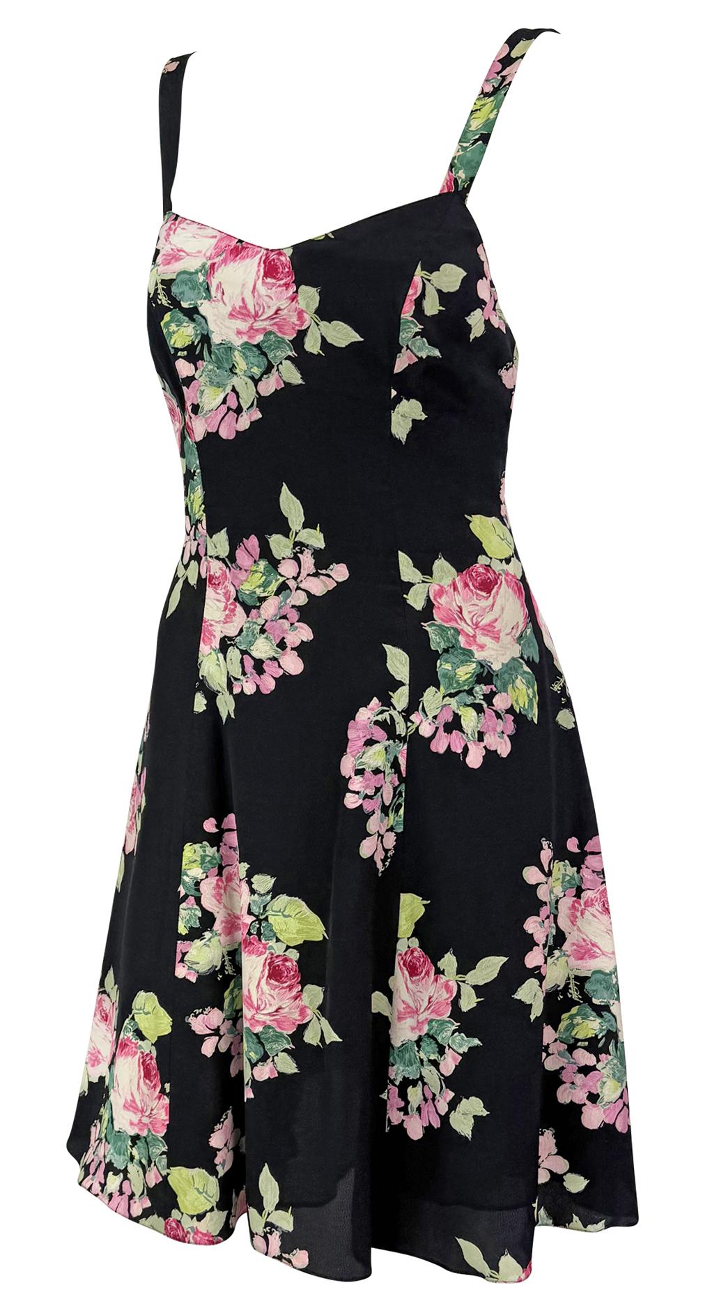 S/S 1995 Ralph Lauren Kate Moss Runway Black Silk Pink Floral Flared Dress - RealList