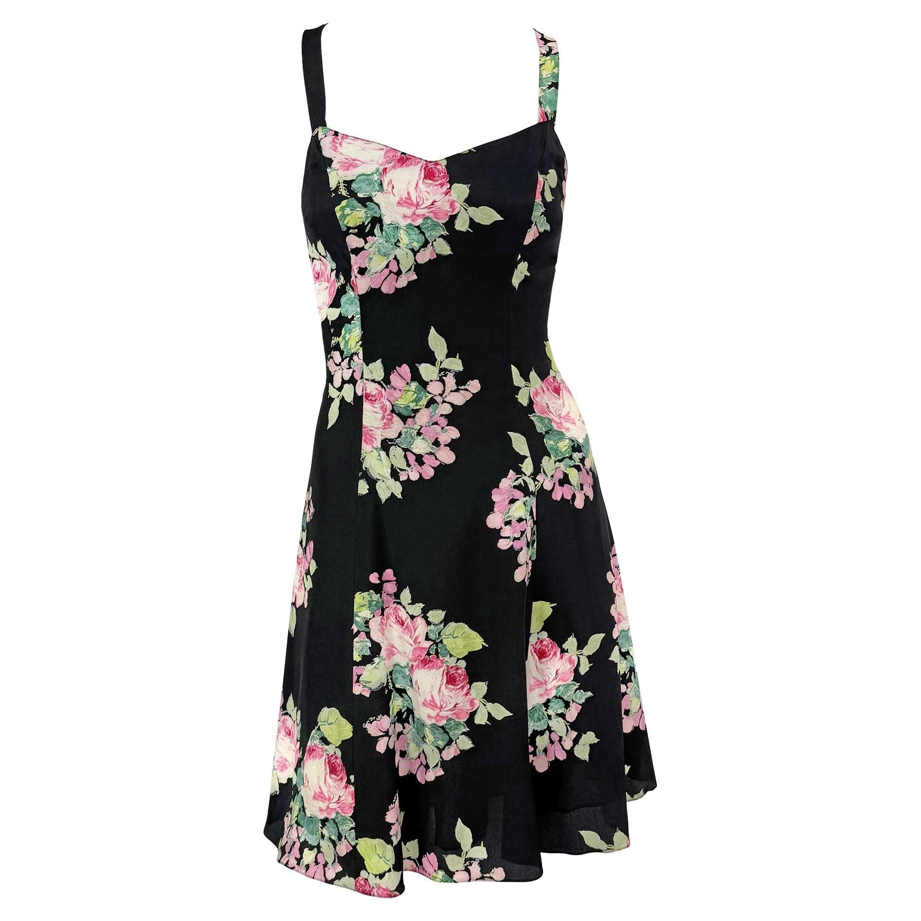 S/S 1995 Ralph Lauren Kate Moss Runway Black Silk Pink Floral Flared Dress - RealList