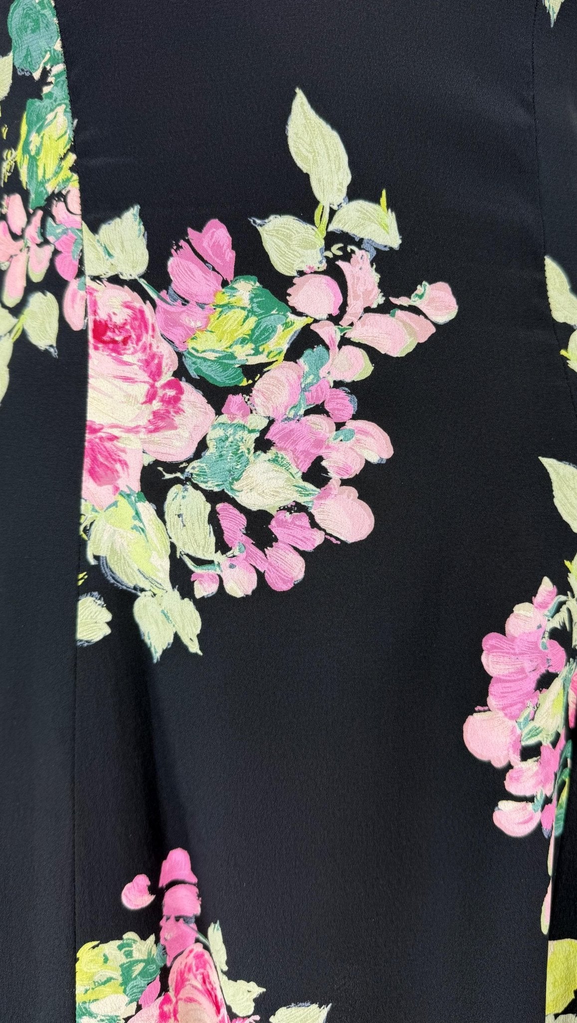 S/S 1995 Ralph Lauren Kate Moss Runway Black Silk Pink Floral Flared Dress - RealList