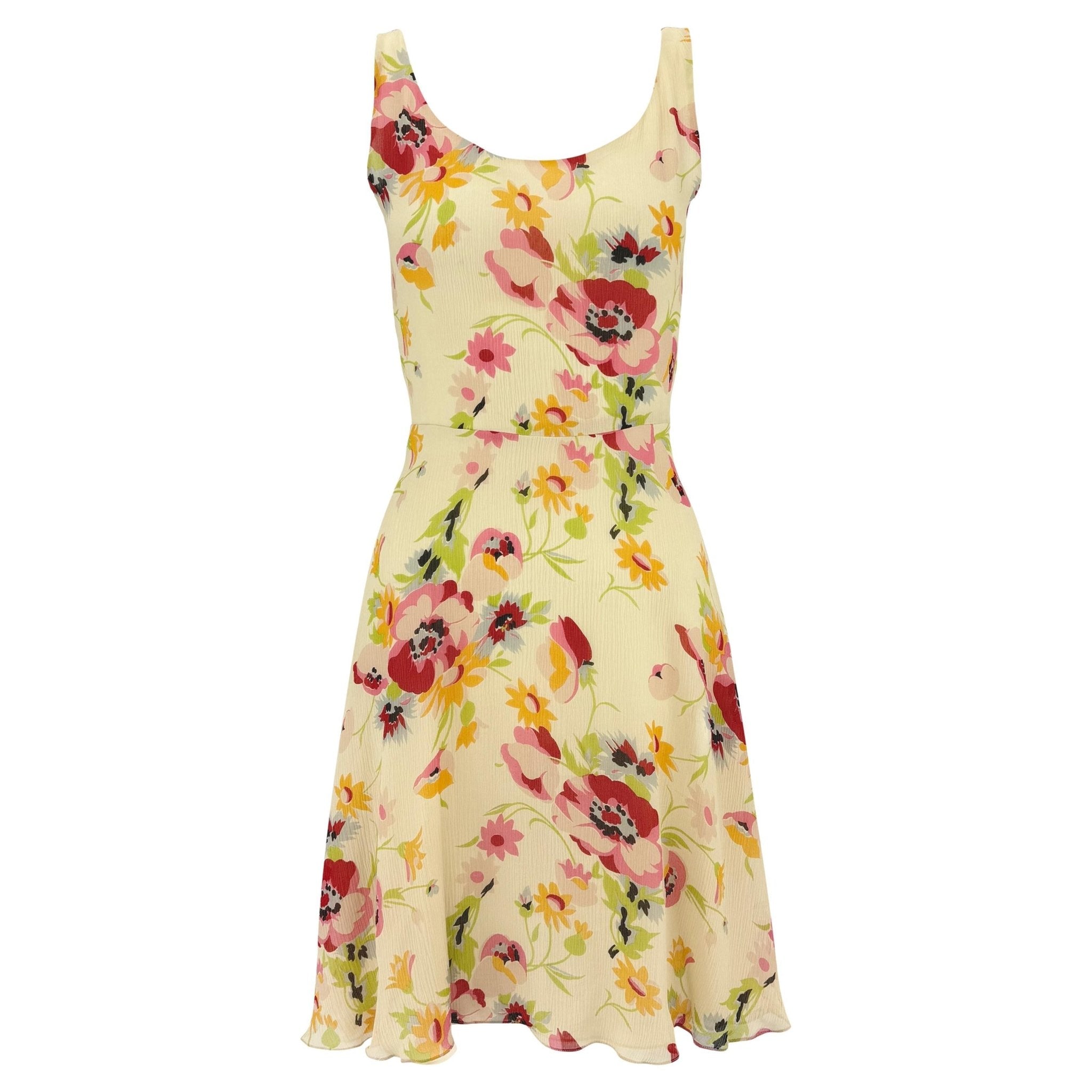 S/S 1995 Ralph Lauren Runway Off - White Floral Crepe Silk Flare Mini Dress - RealList