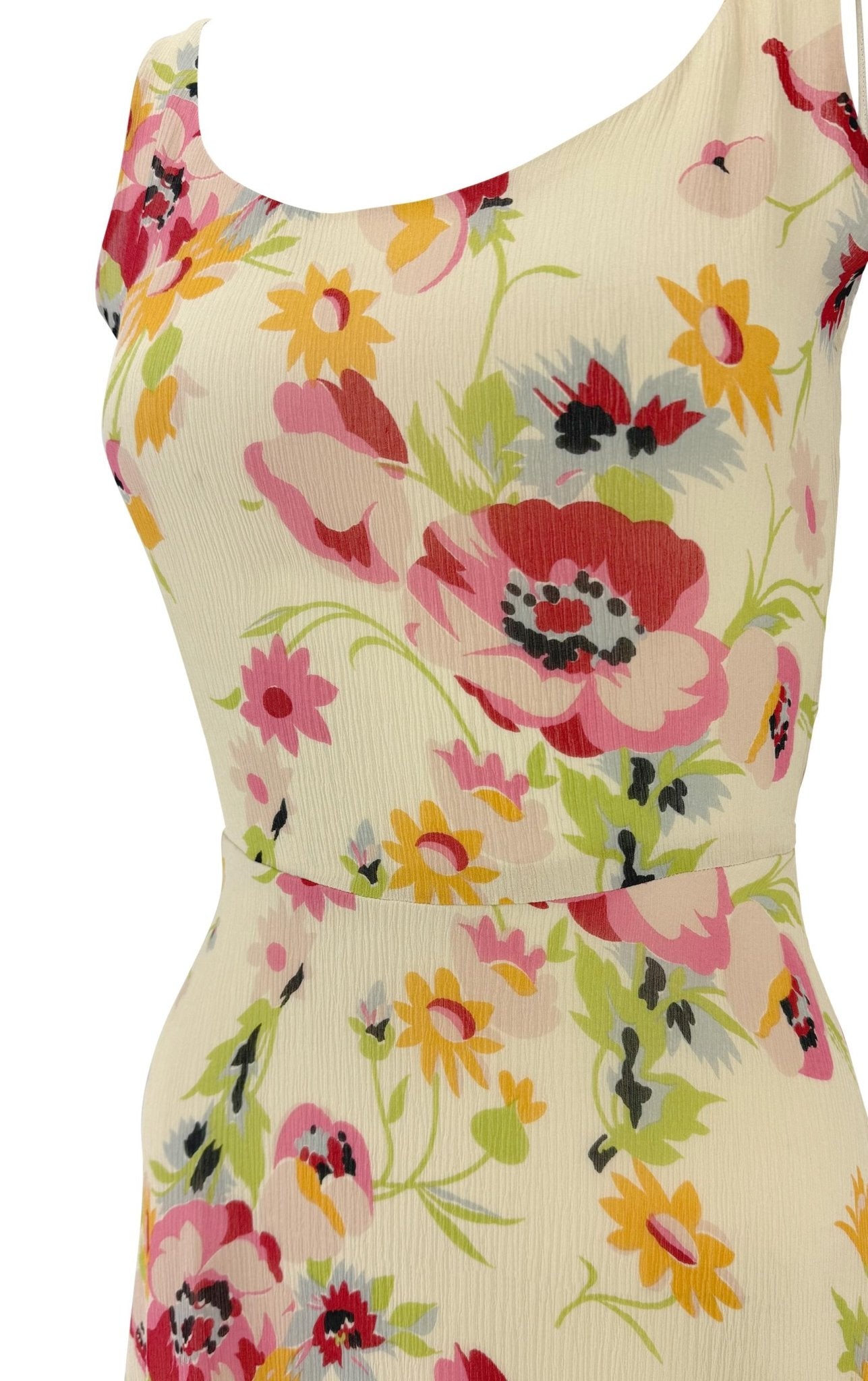 S/S 1995 Ralph Lauren Runway Off - White Floral Crepe Silk Flare Mini Dress - RealList