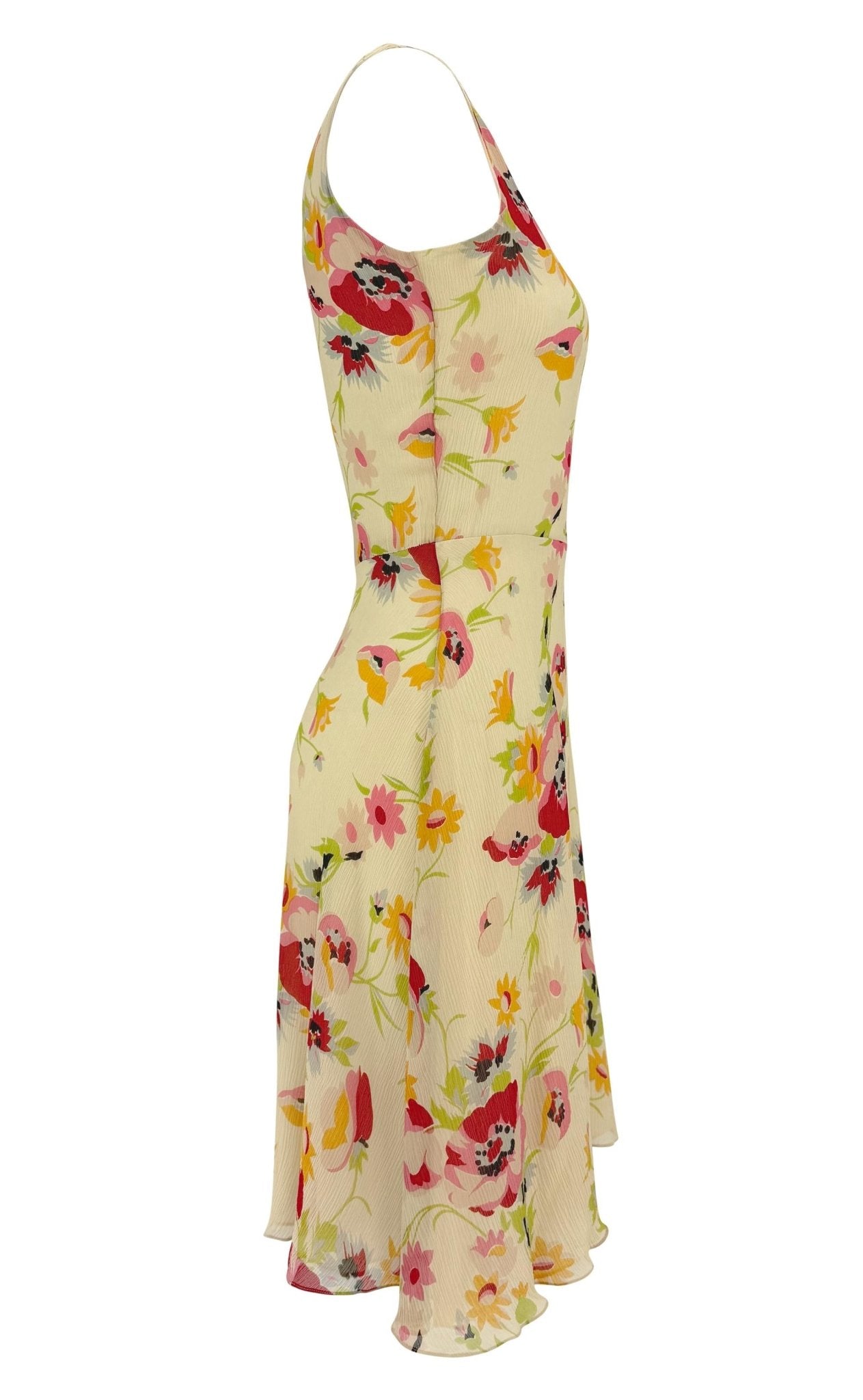 S/S 1995 Ralph Lauren Runway Off - White Floral Crepe Silk Flare Mini Dress - RealList