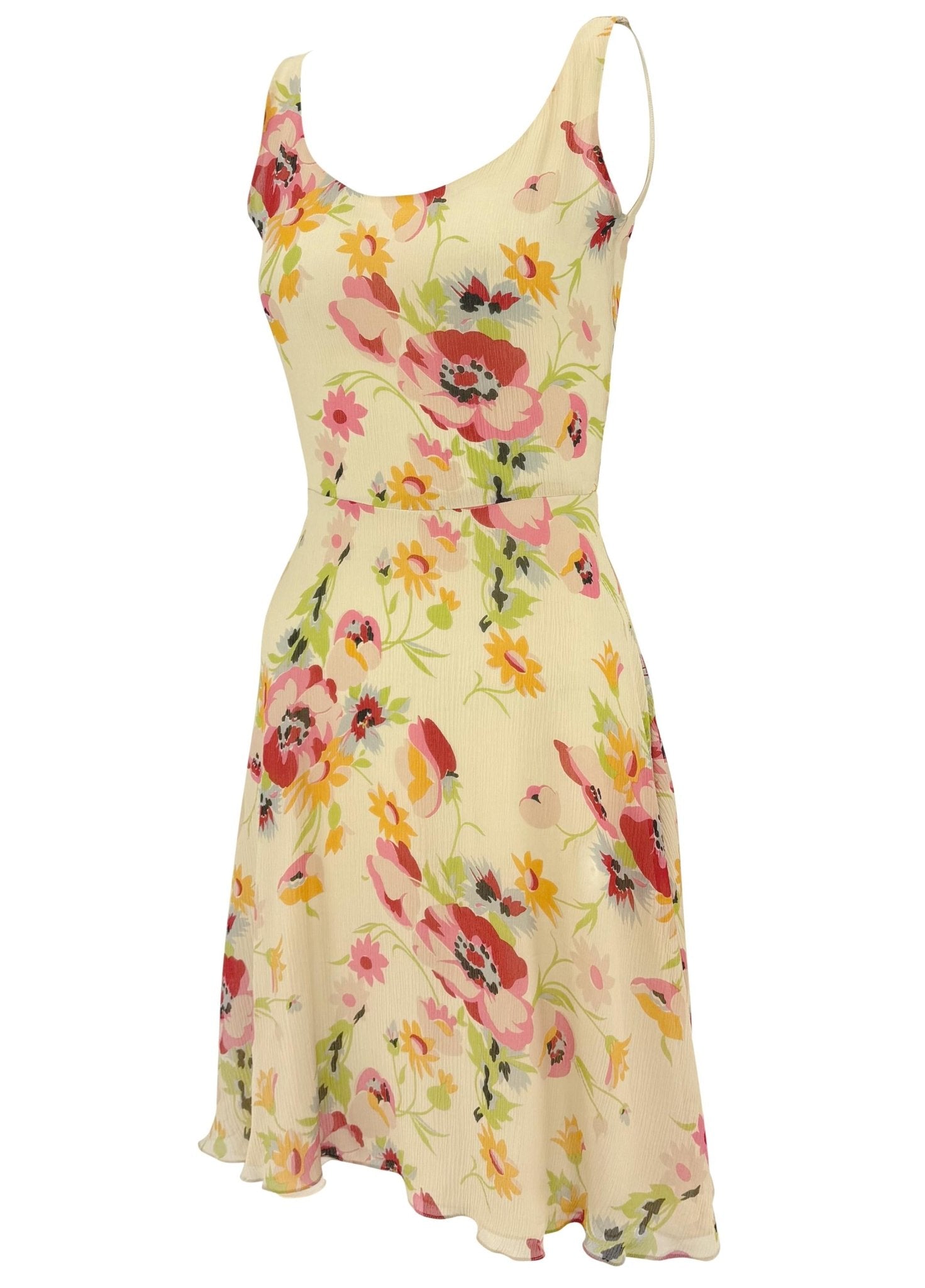 S/S 1995 Ralph Lauren Runway Off - White Floral Crepe Silk Flare Mini Dress - RealList