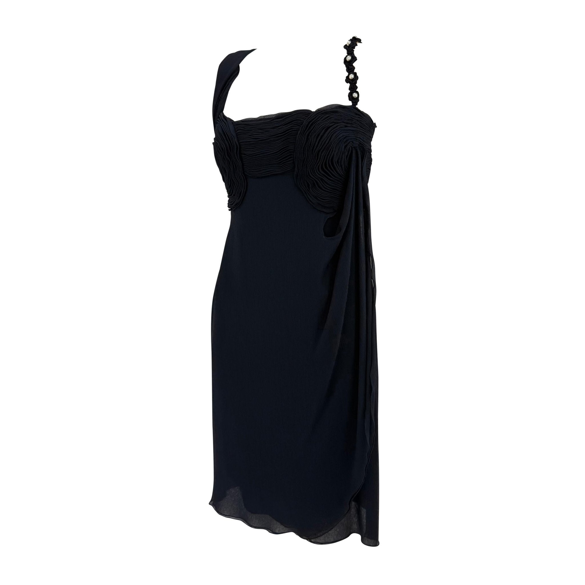 S/S 1995 Valentino Garavani Runway Navy Crepe Chiffon Pearl Ruched Mini Dress - RealList