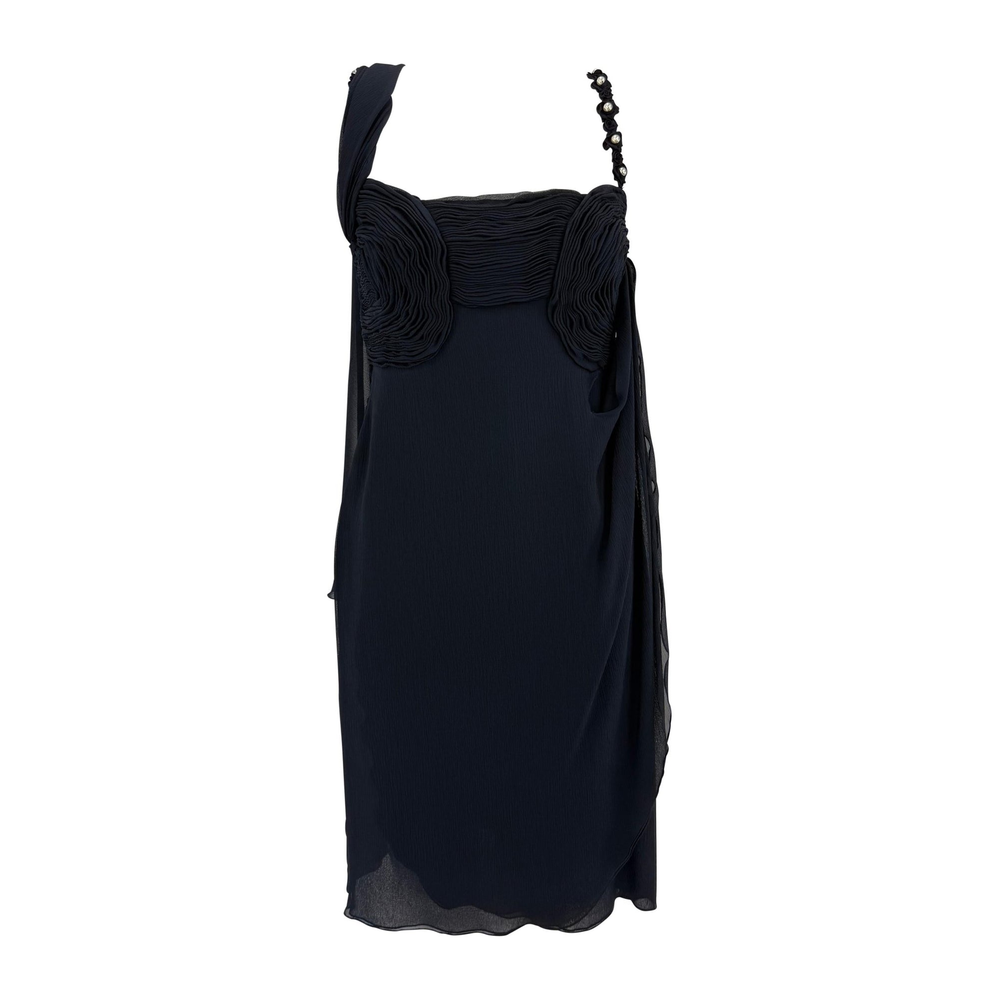 S/S 1995 Valentino Garavani Runway Navy Crepe Chiffon Pearl Ruched Mini Dress - RealList