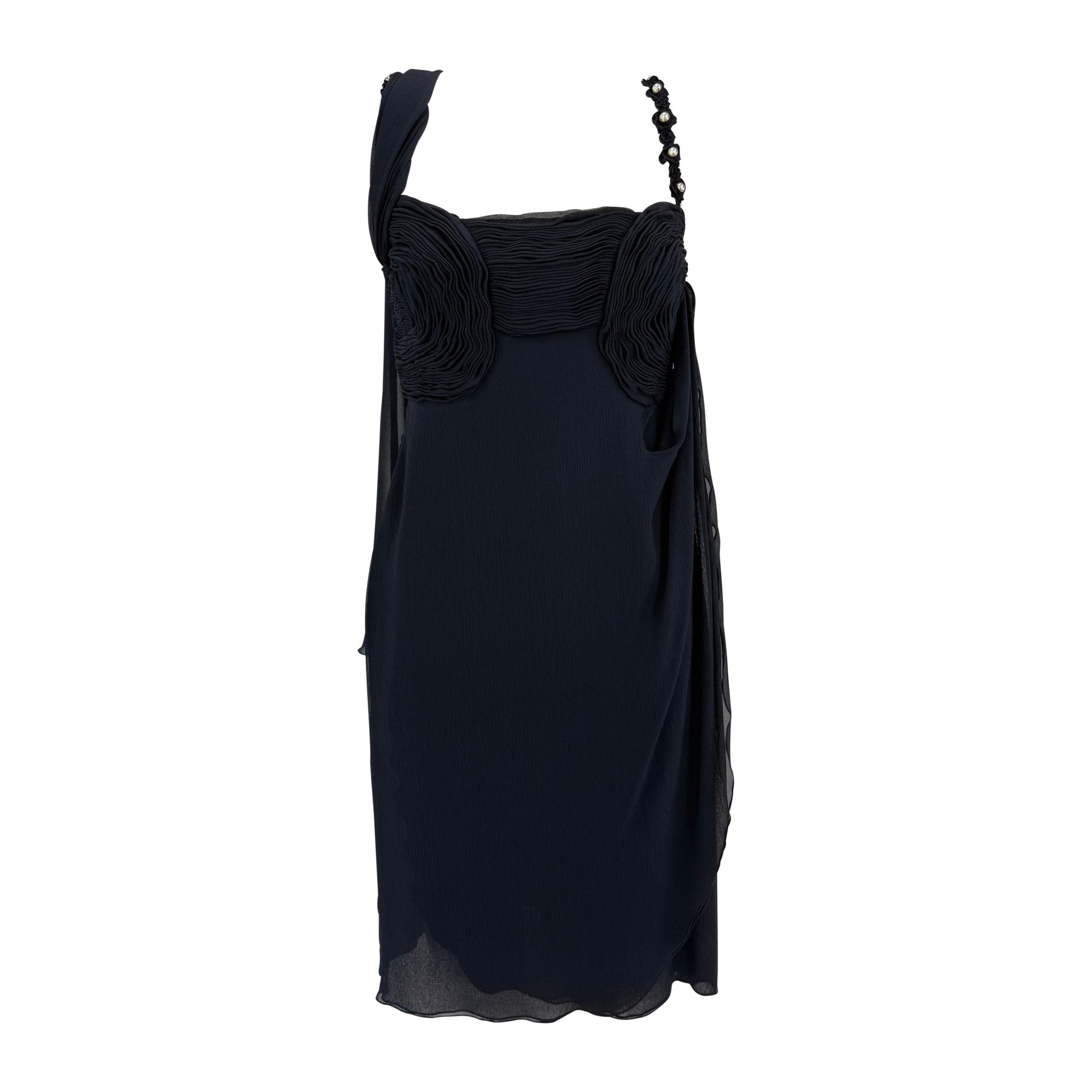 S/S 1995 Valentino Garavani Runway Navy Crepe Chiffon Pearl Ruched Mini Dress - RealList