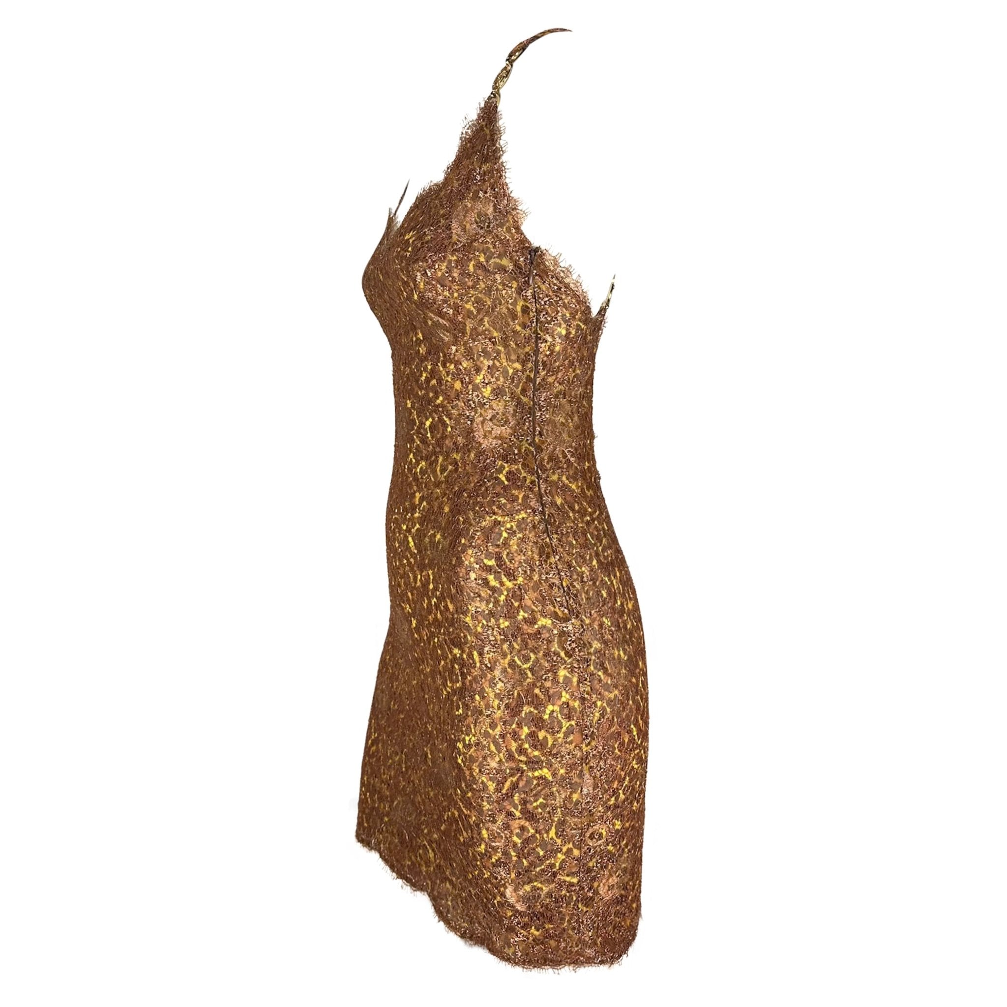 S/S 1996 Atelier Versace Haute Couture Copper Lace Leopard Rhinestone Mini Dress - RealList