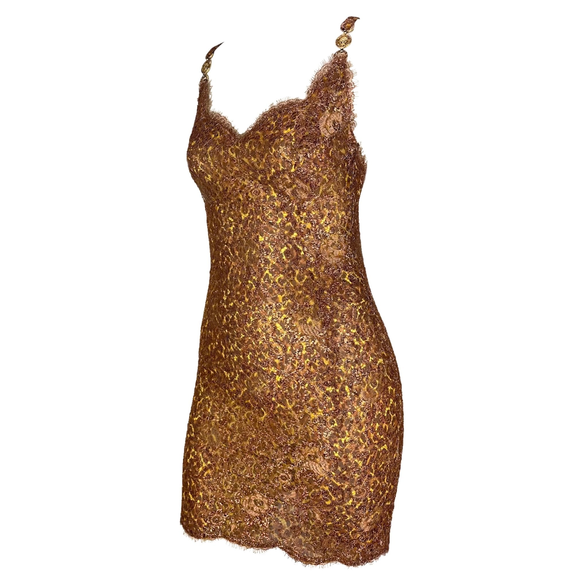 S/S 1996 Atelier Versace Haute Couture Copper Lace Leopard Rhinestone Mini Dress - RealList