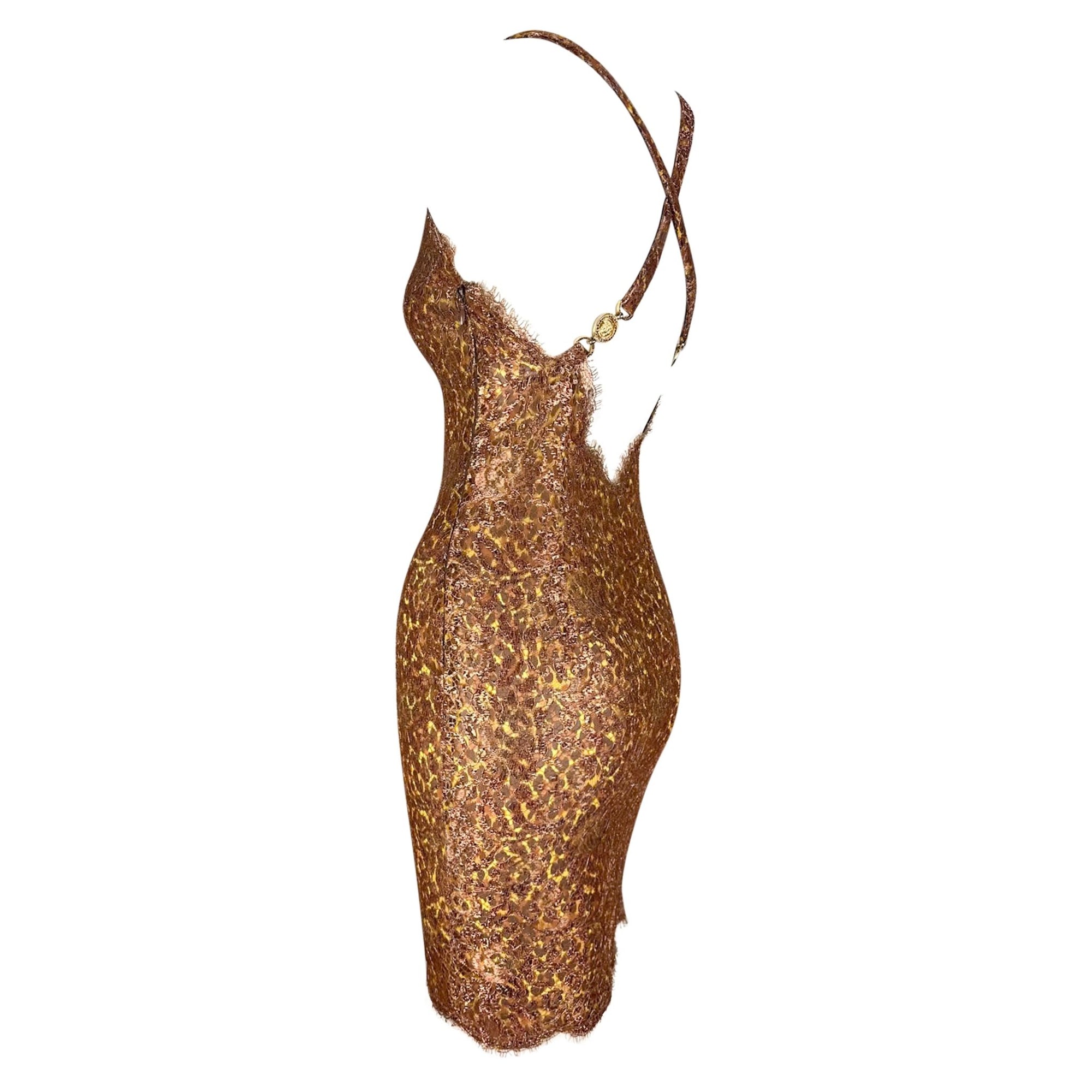 S/S 1996 Atelier Versace Haute Couture Copper Lace Leopard Rhinestone Mini Dress - RealList