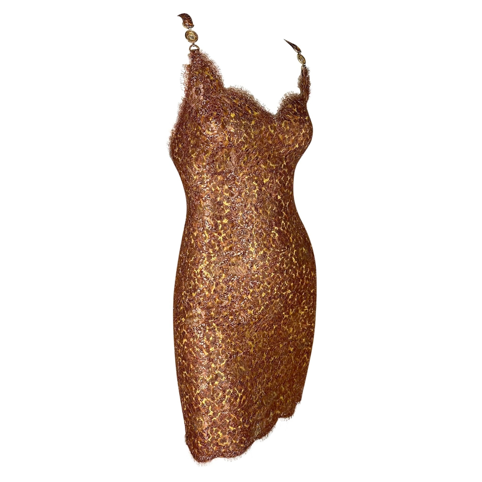 S/S 1996 Atelier Versace Haute Couture Copper Lace Leopard Rhinestone Mini Dress - RealList