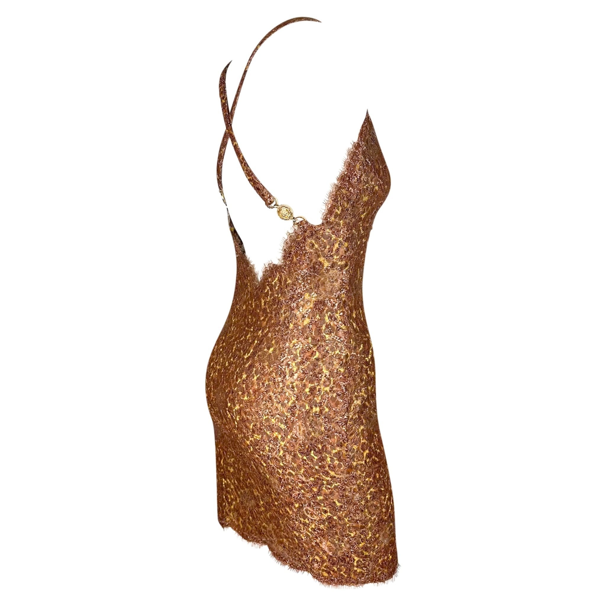 S/S 1996 Atelier Versace Haute Couture Copper Lace Leopard Rhinestone Mini Dress - RealList