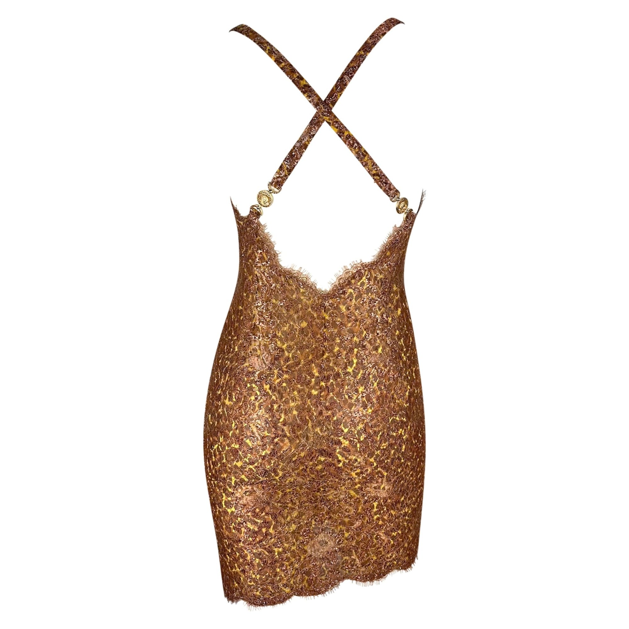 S/S 1996 Atelier Versace Haute Couture Copper Lace Leopard Rhinestone Mini Dress - RealList