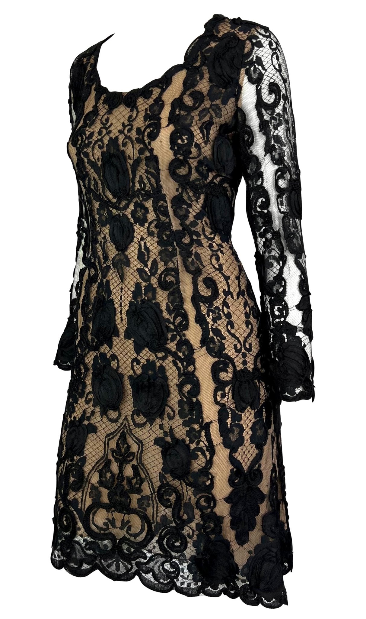 S/S 1996 Bill Blass Runway Black Ribbon Lace Semi - Sheer Mini Dress - RealList