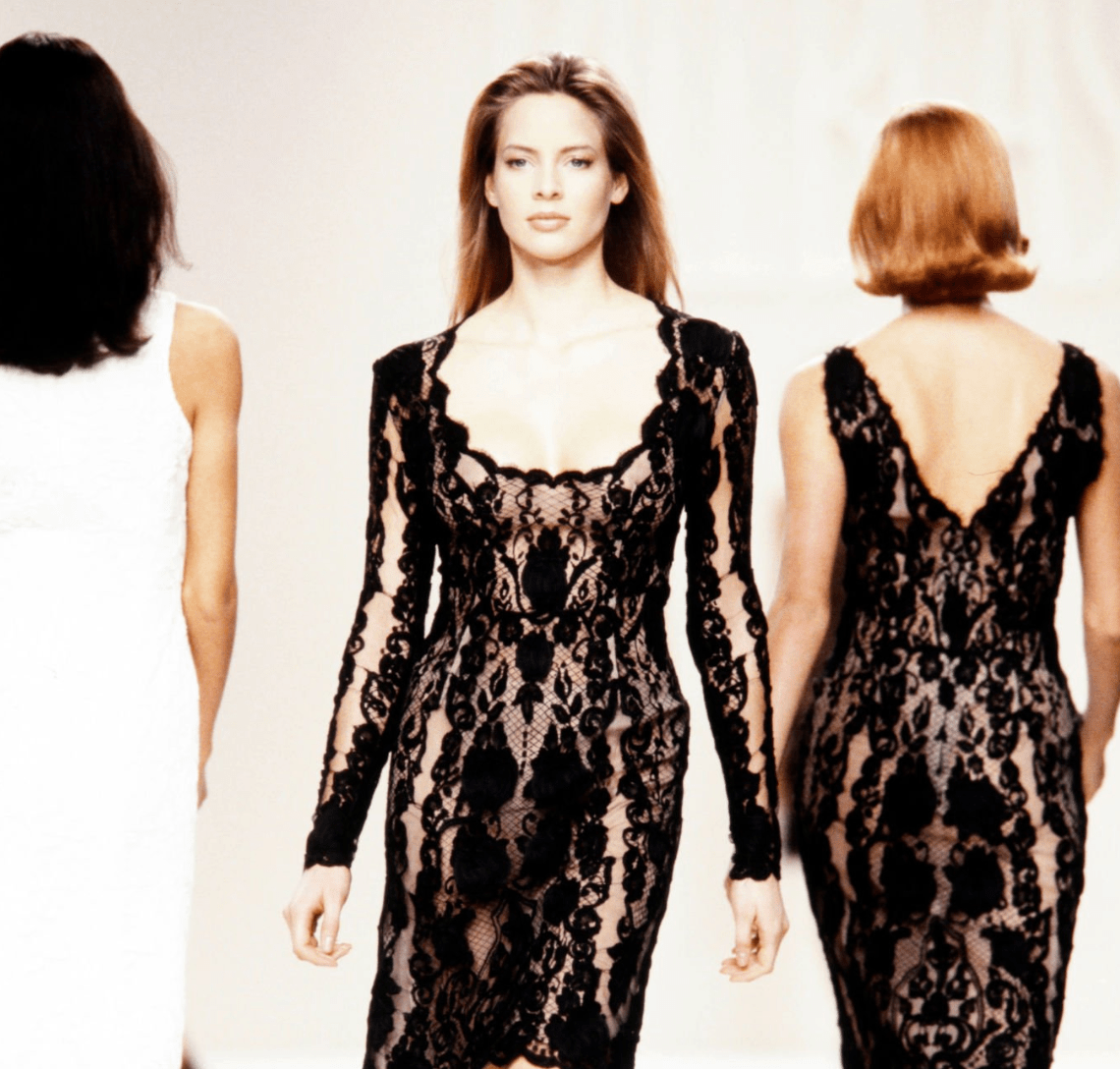 S/S 1996 Bill Blass Runway Black Ribbon Lace Semi - Sheer Mini Dress - RealList