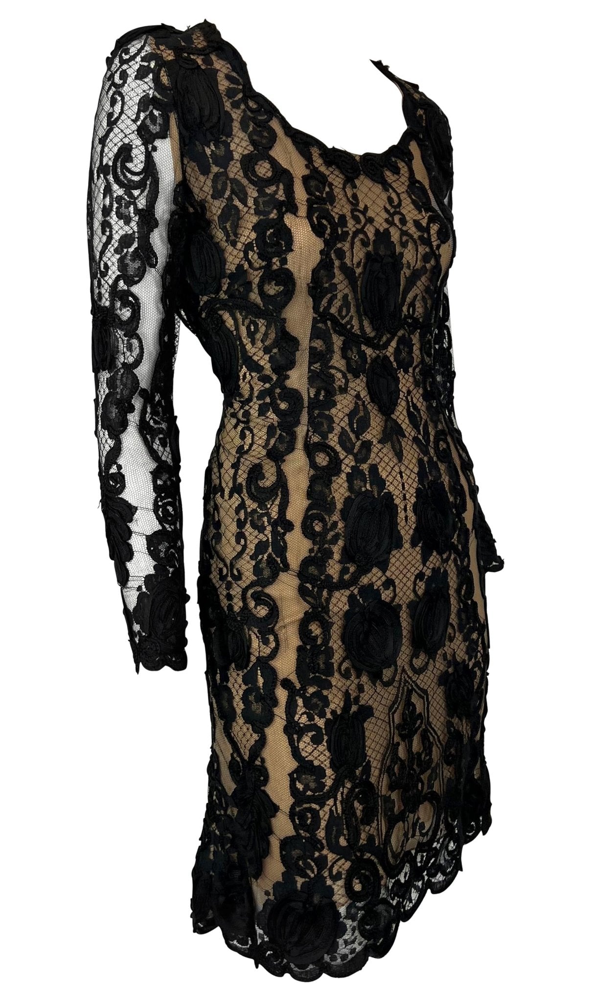 S/S 1996 Bill Blass Runway Black Ribbon Lace Semi - Sheer Mini Dress - RealList