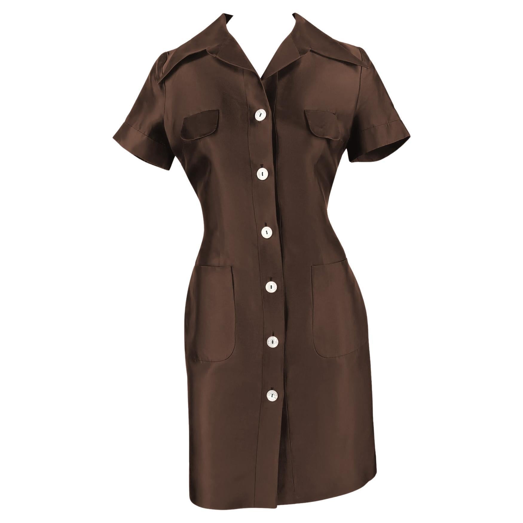 S/S 1996 Dolce & Gabbana Brown Silk Taffeta Collared Pocket Mini Dress - RealList