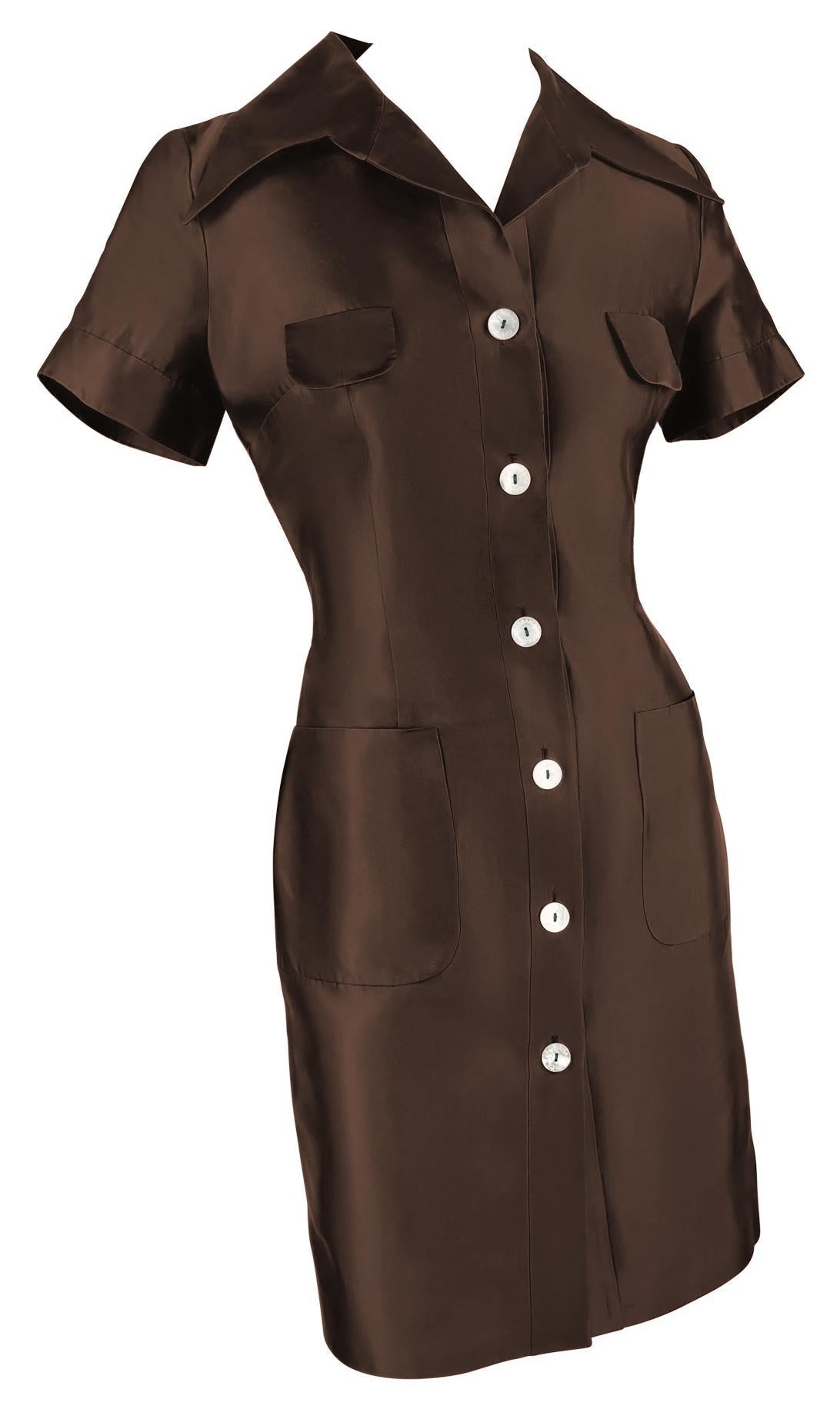 S/S 1996 Dolce & Gabbana Brown Silk Taffeta Collared Pocket Mini Dress - RealList
