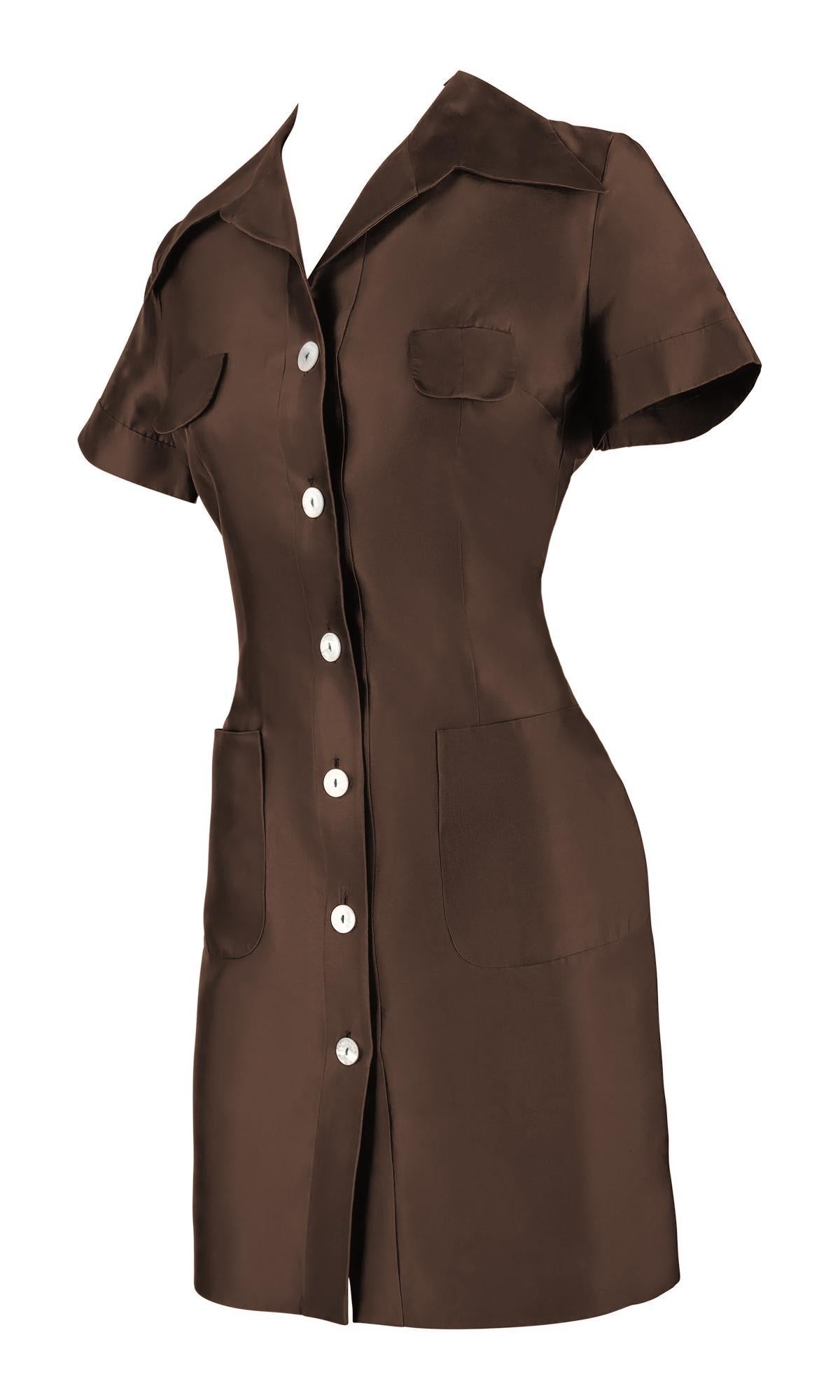 S/S 1996 Dolce & Gabbana Brown Silk Taffeta Collared Pocket Mini Dress - RealList