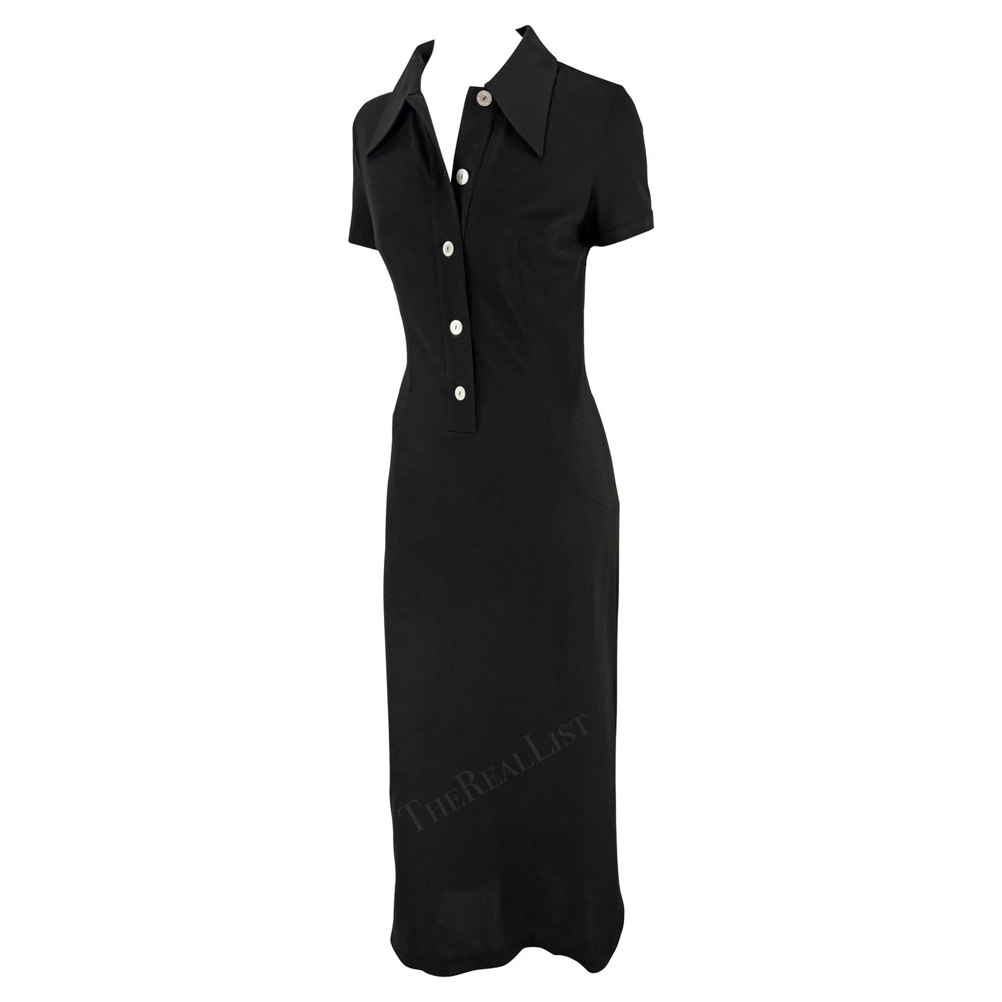 S/S 1996 Dolce & Gabbana Runway Black Collared Plunge Button Maxi Dress - RealList