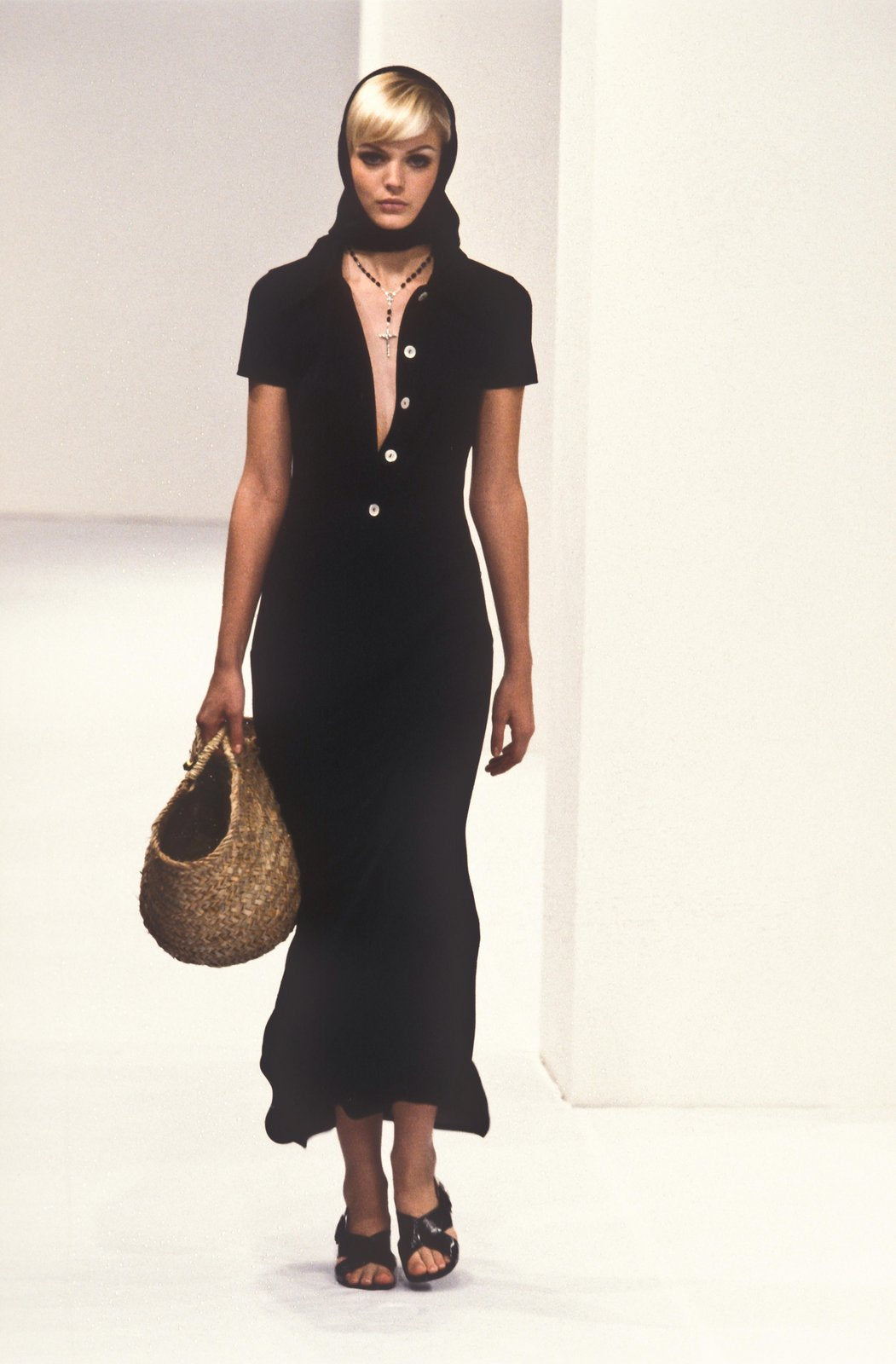 S/S 1996 Dolce & Gabbana Runway Black Collared Plunge Button Maxi Dress - RealList