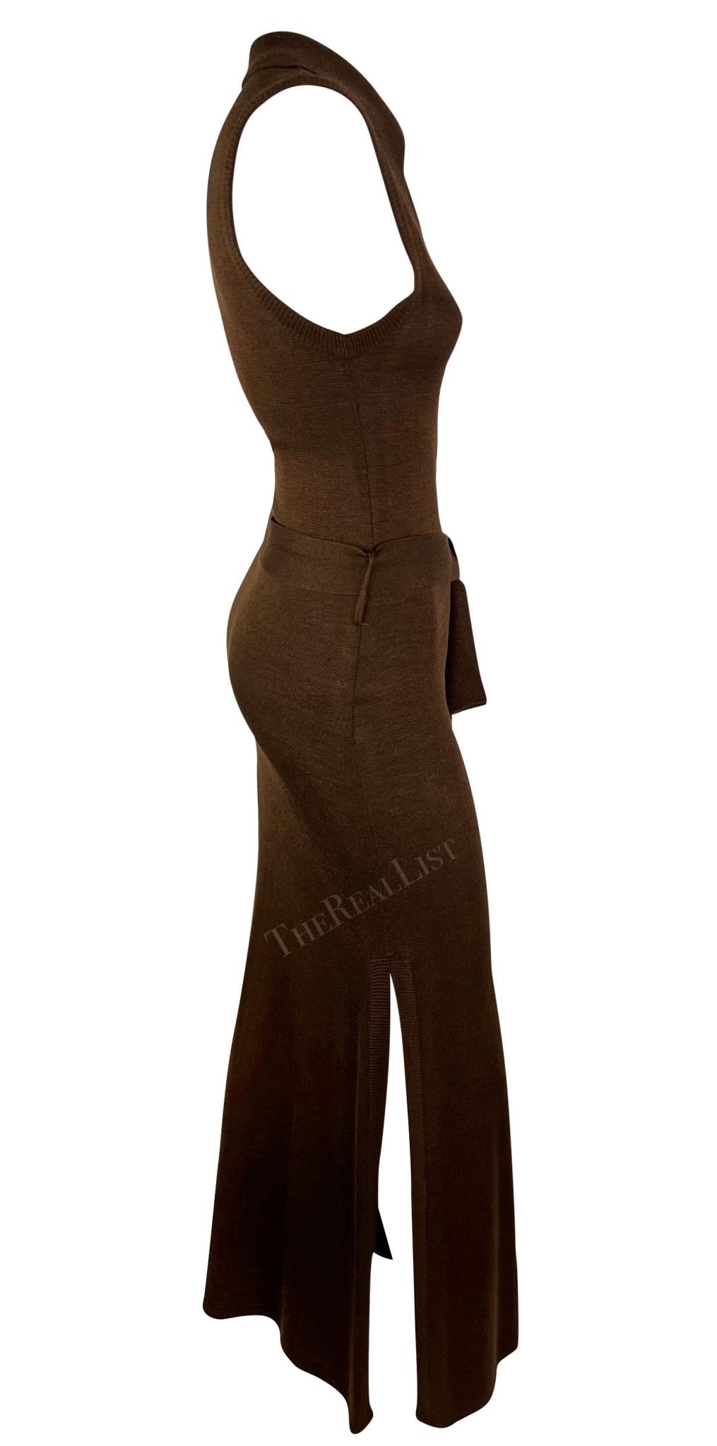 S/S 1996 Dolce & Gabbana Runway Brown Knit Bodycon Belted Maxi Collared Dress - RealList