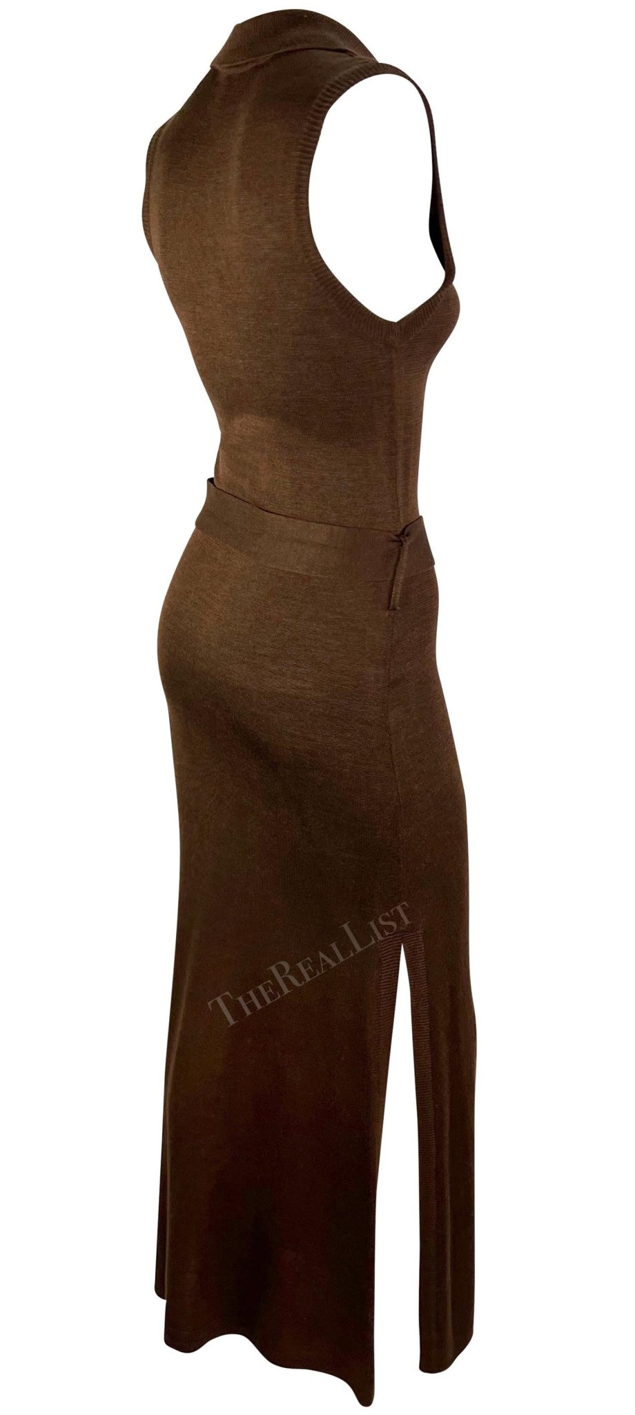 S/S 1996 Dolce & Gabbana Runway Brown Knit Bodycon Belted Maxi Collared Dress - RealList